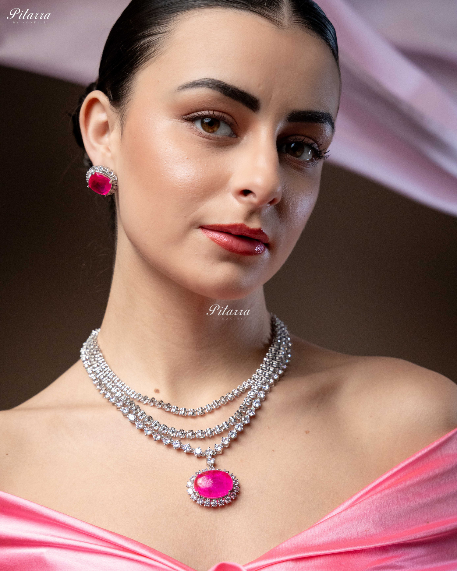 Pink Stone Cubic Zirconia Silver Necklace Set
