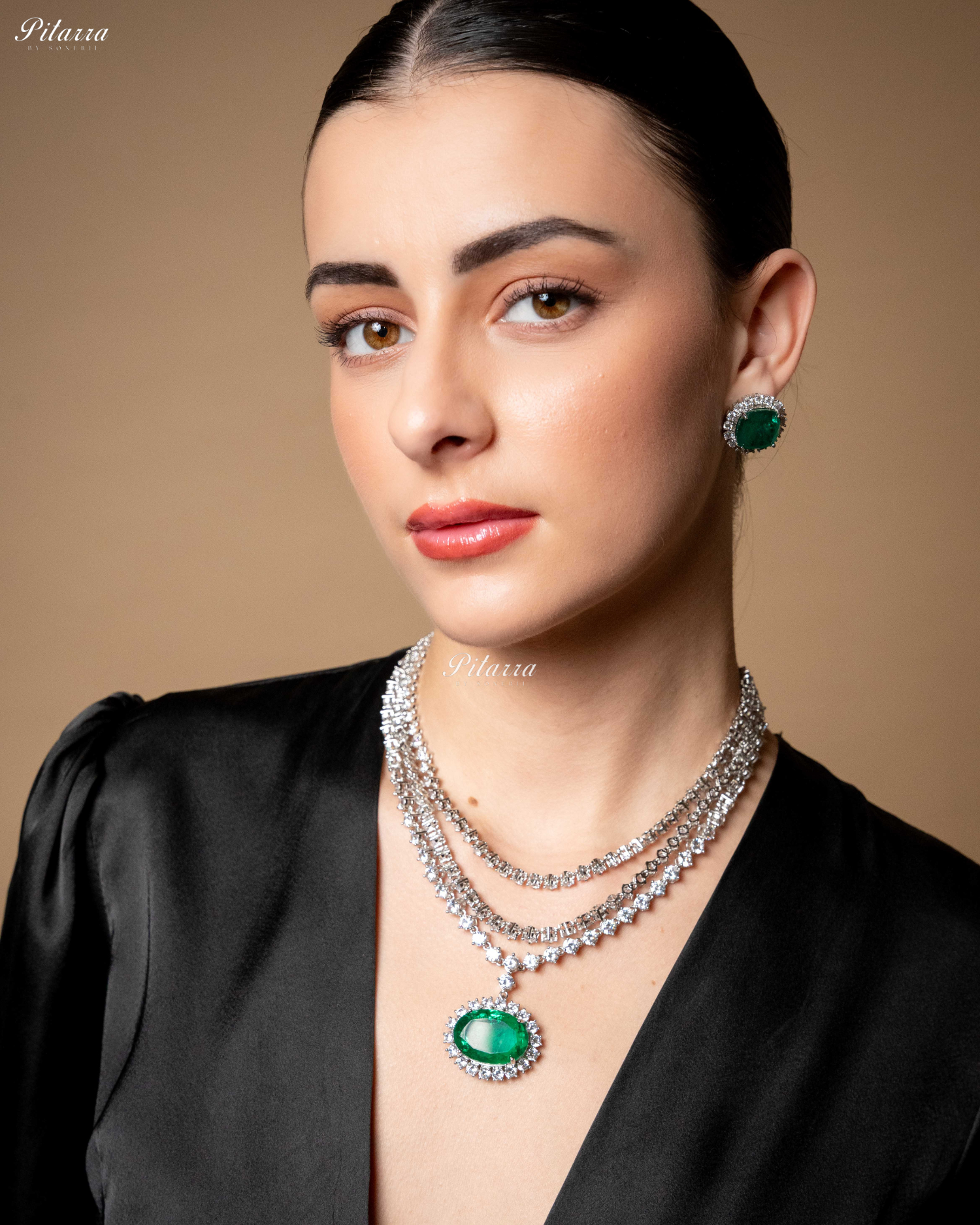 Emerald Stone Cubic Zirconia Silver Necklace Set