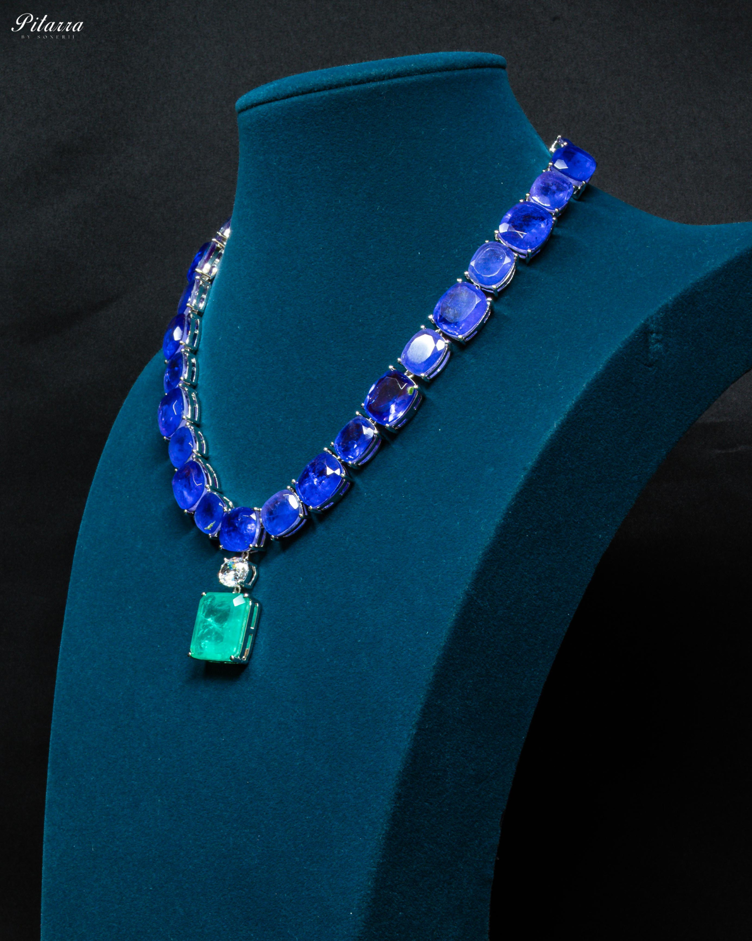 Silver Finish Green Square Crystal Necklace Set