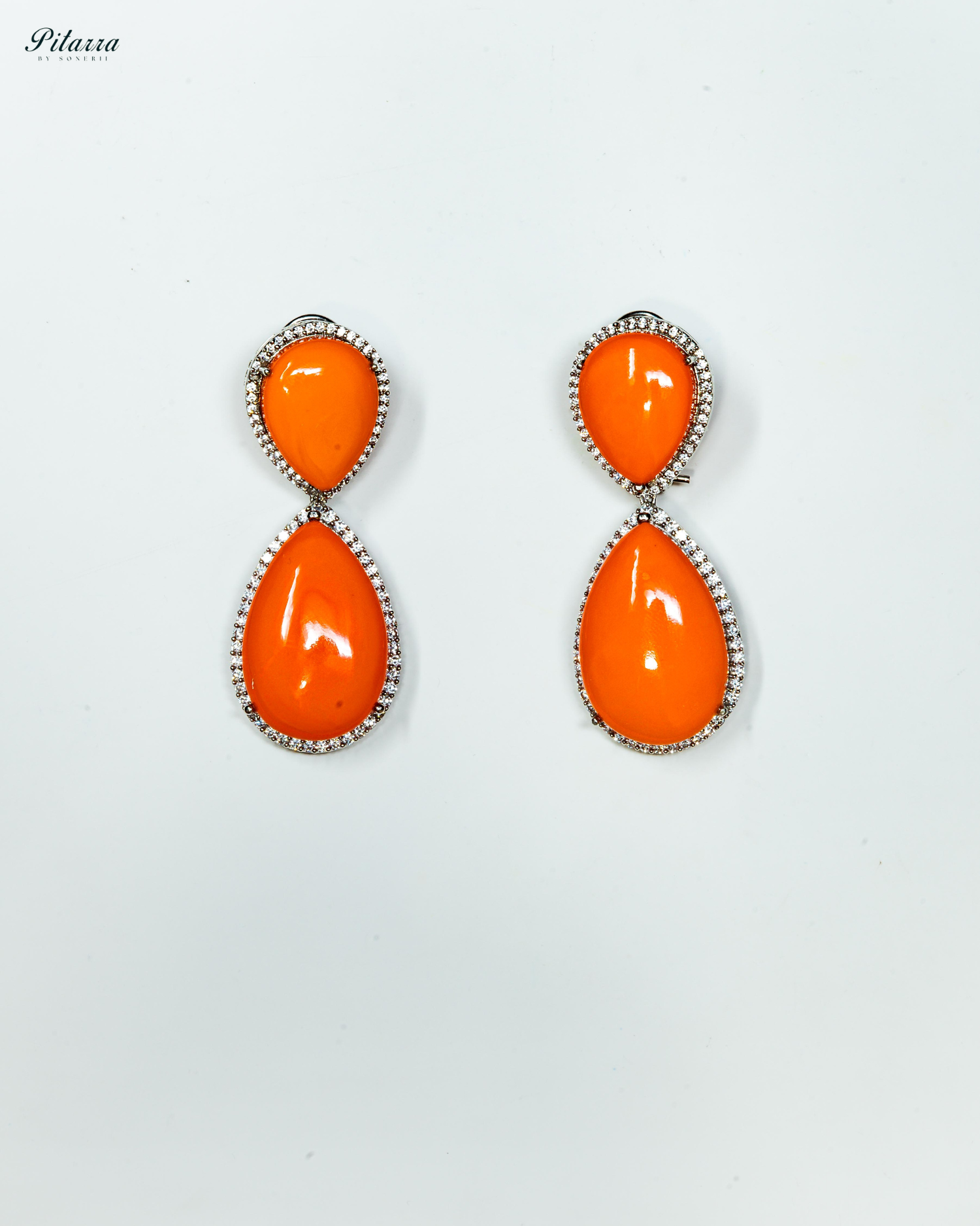 Orange Color Drop Stone Silver Crytsal Dangle Earrings