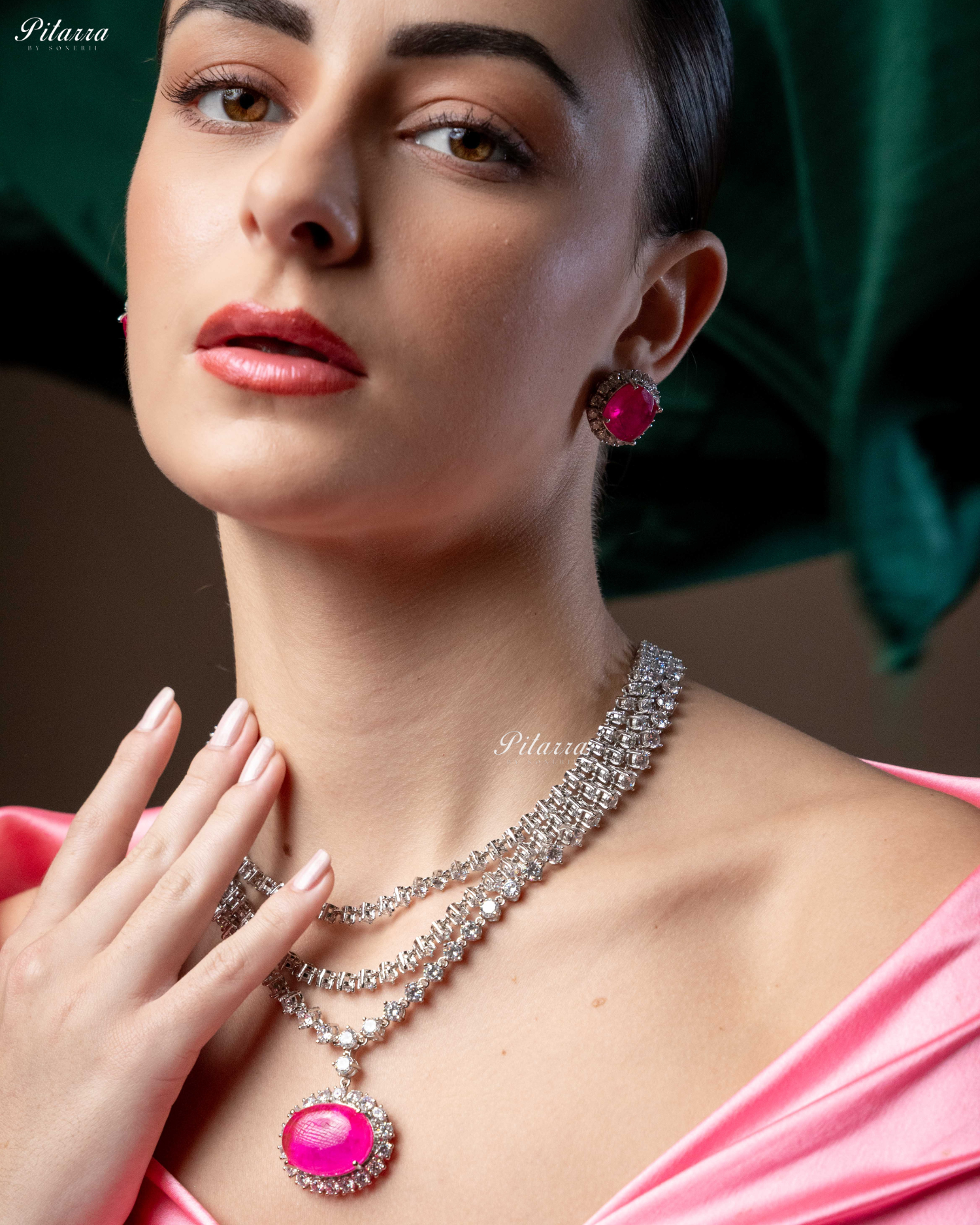 Pink Stone Cubic Zirconia Silver Necklace Set