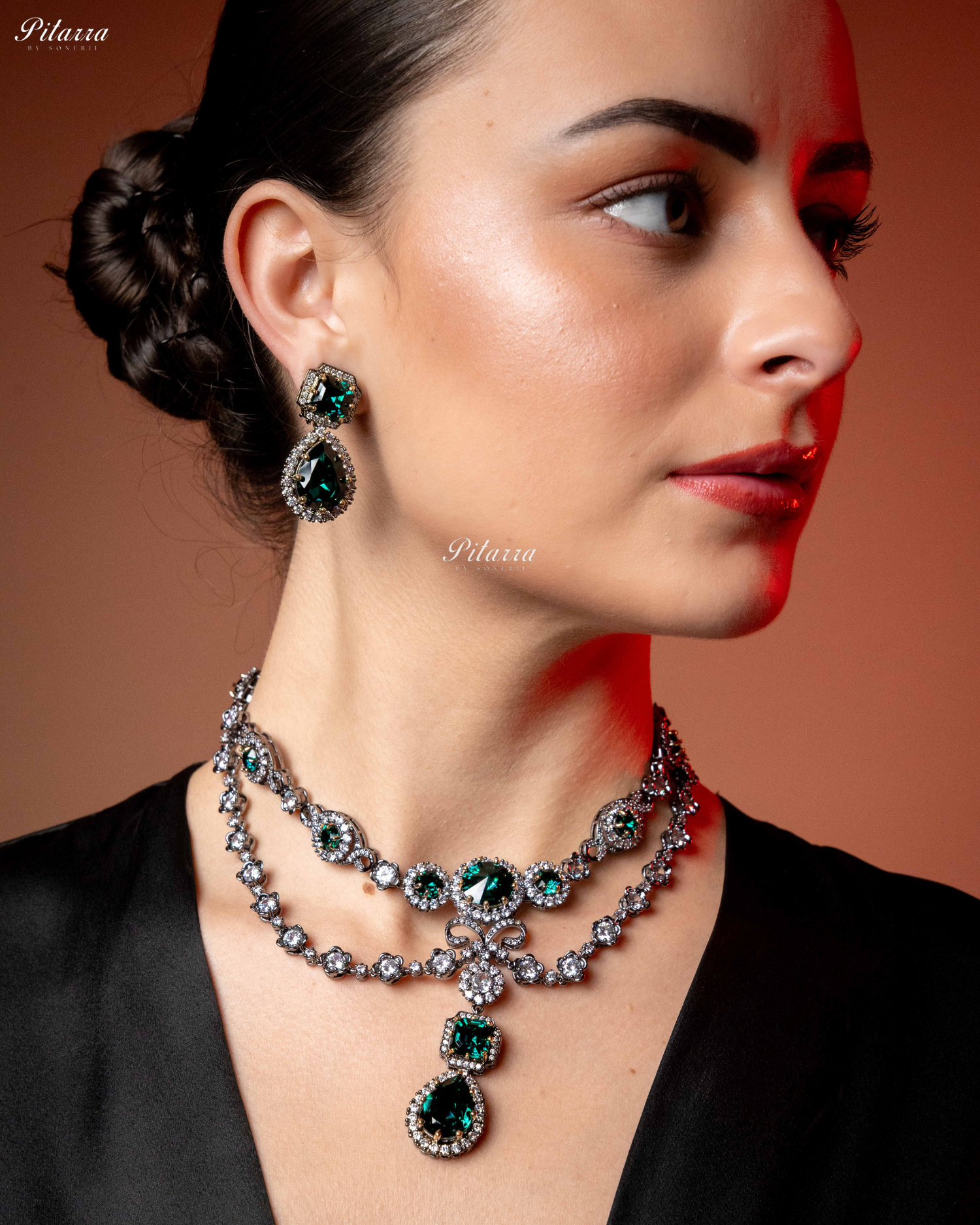 Emerald Two Layer Silver CZ Necklace Set