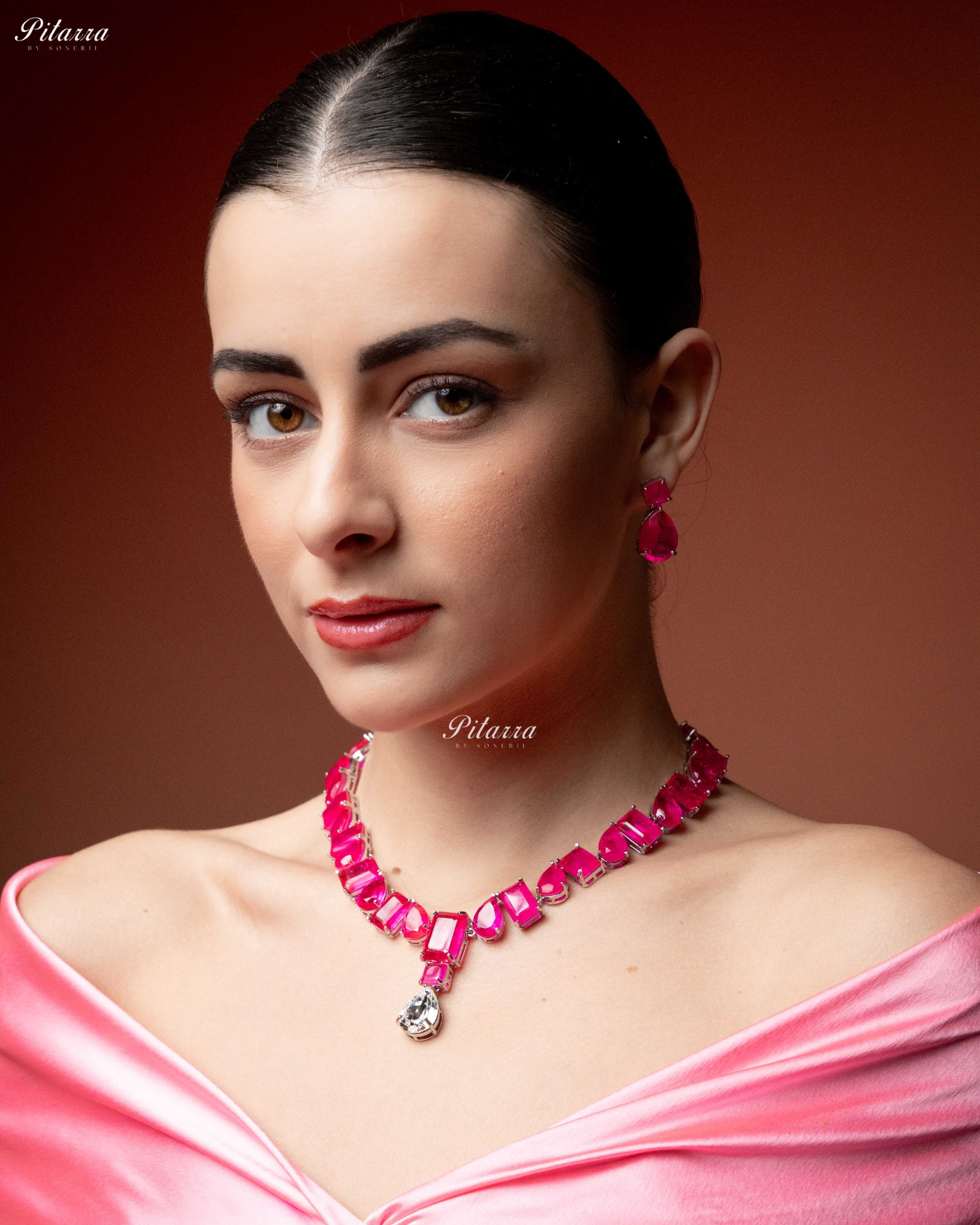 Pink Square and Drop Crystal Necklace Set
