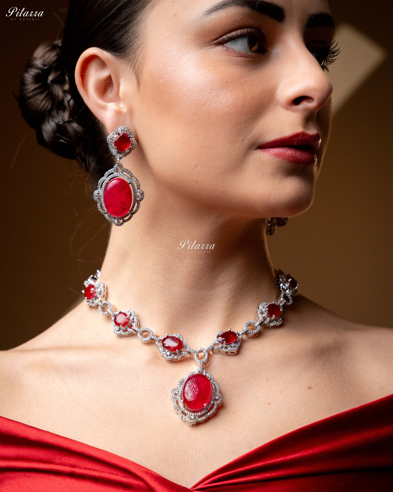 Red Stone Silver Finish Tone Crystal Necklace Set