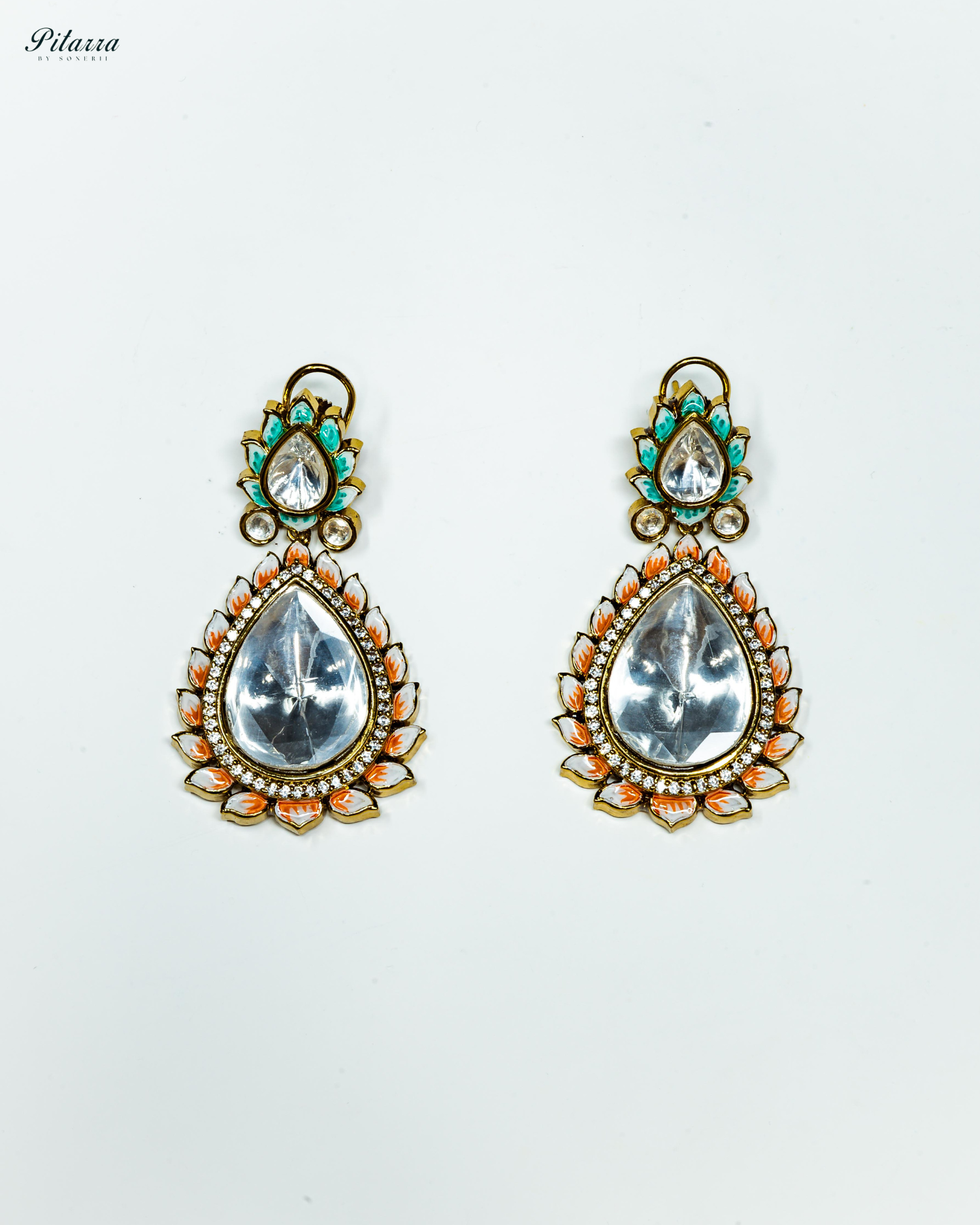 Pitarra Orange Polki Kundan Dangle Earrings