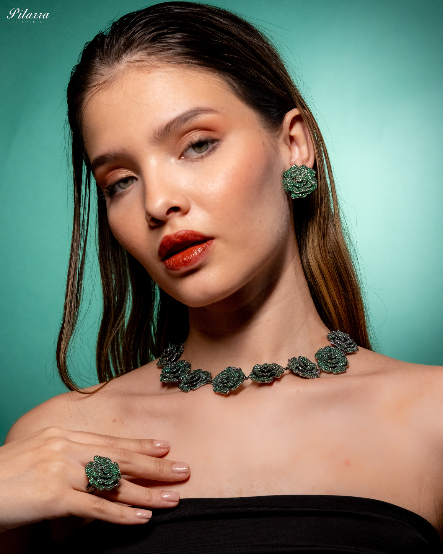 Green Tone Flower CZ Choker Set with Ring