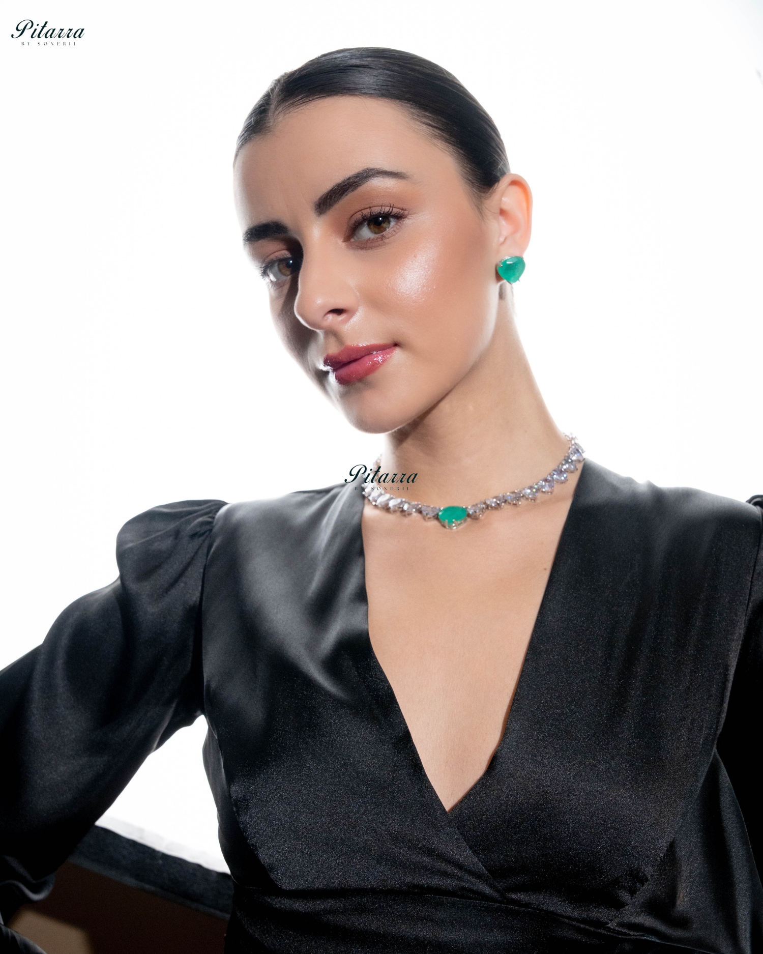 Mint Green Stone White Heartline Zircon Necklace Set