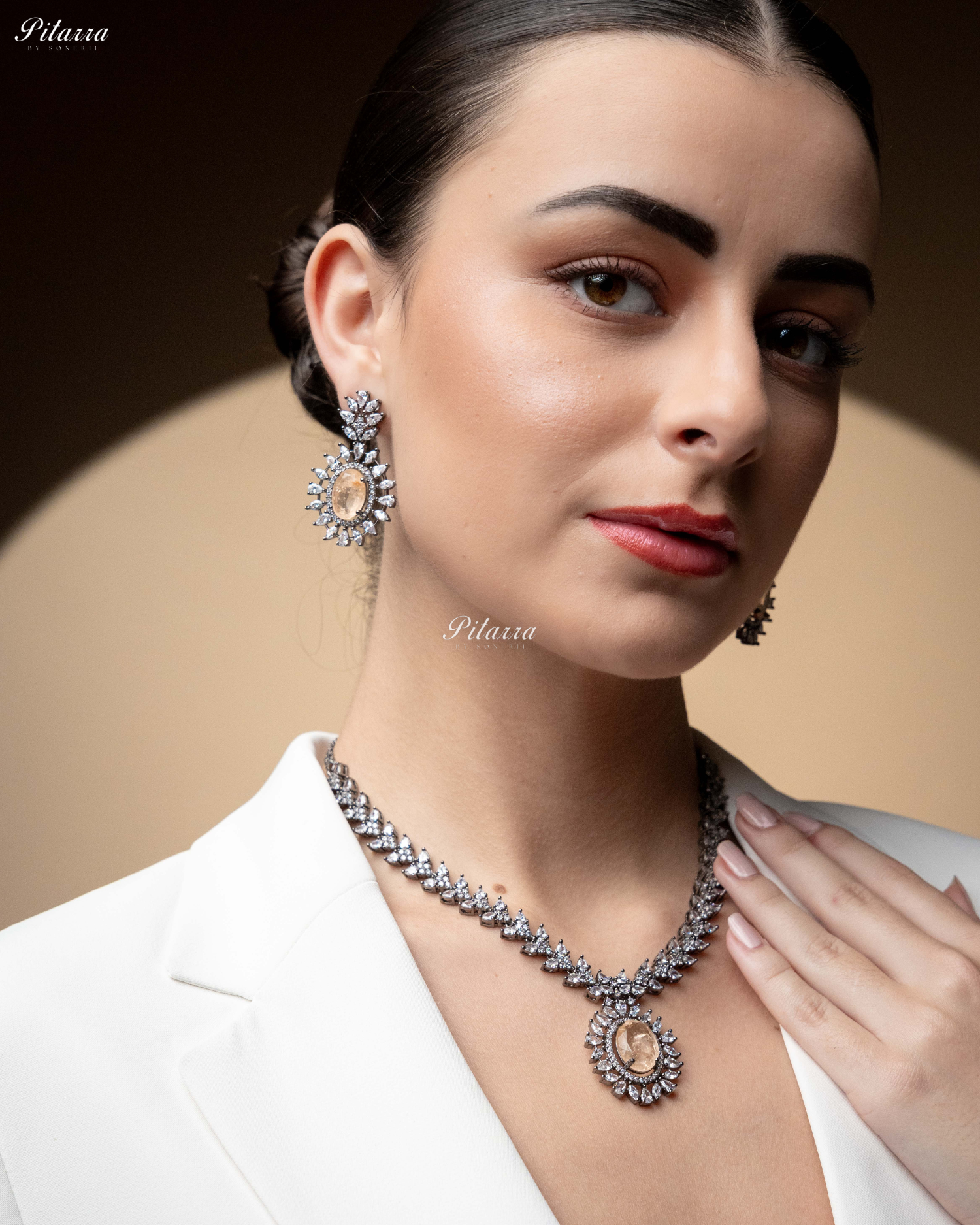 Peach Color Stones Dazzling Cubic Zirconia Necklace Set