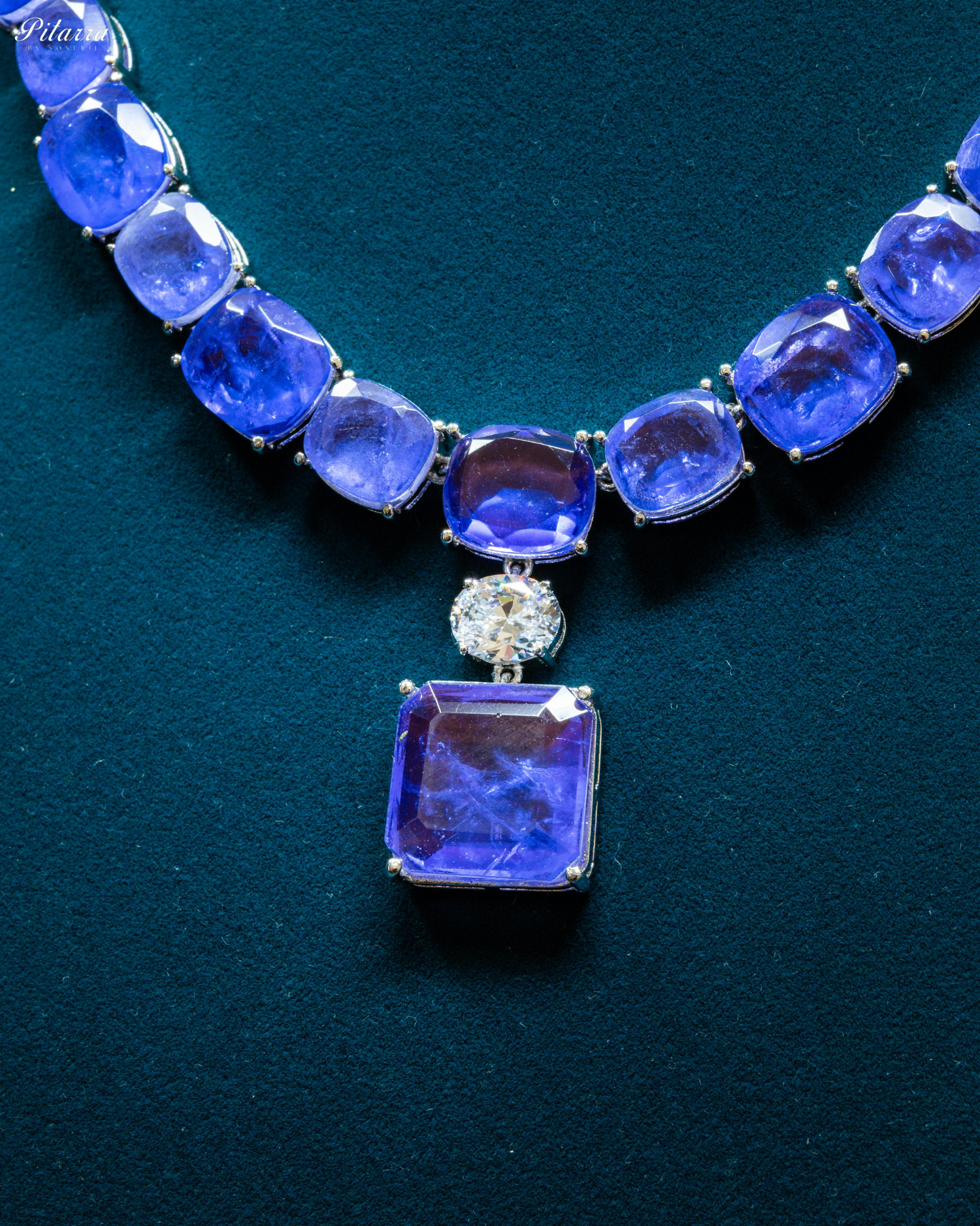 Silver Finish Blue Square Crystal Necklace Set