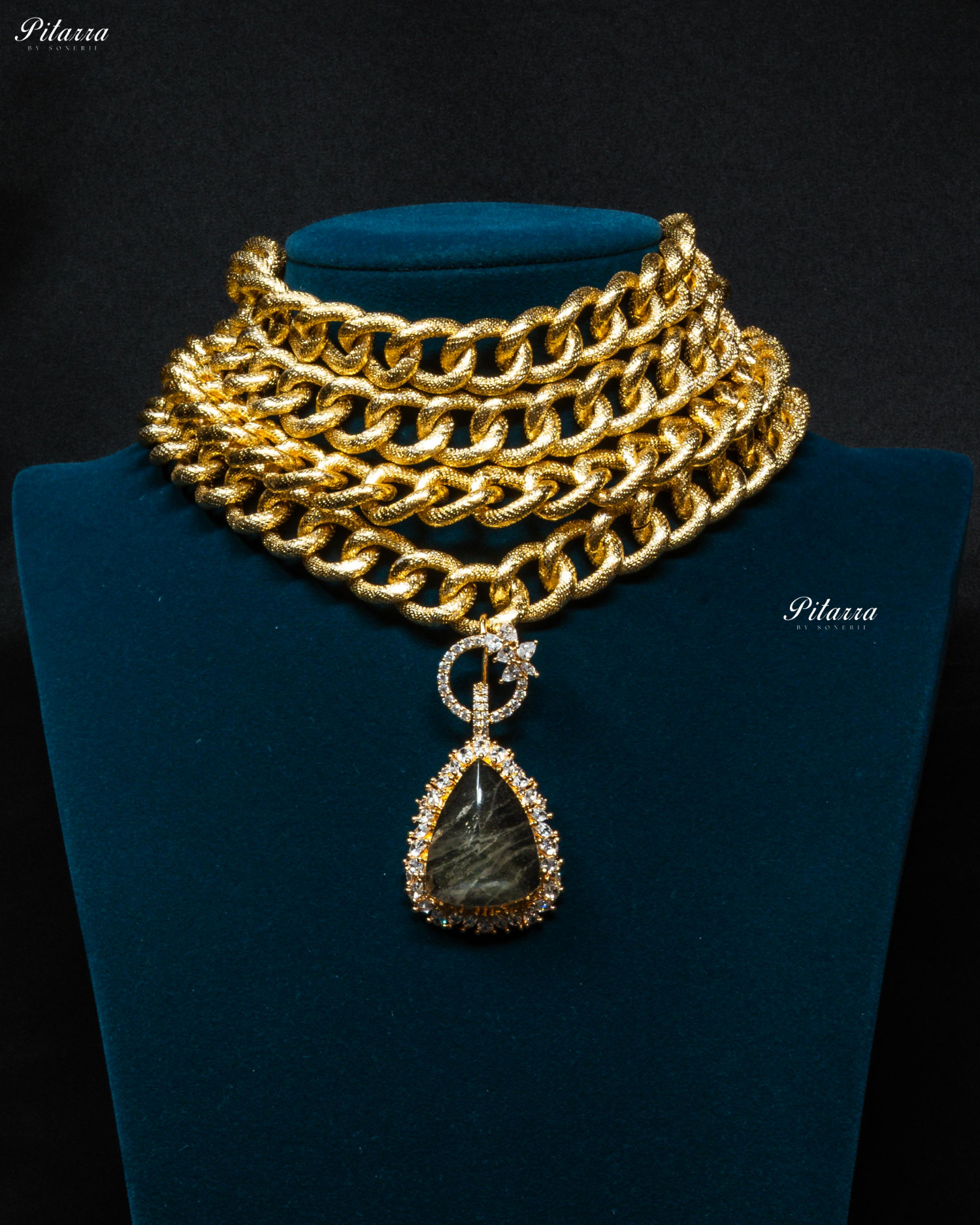 Golden Multilayered Grey Stone Statement Pendant Chain Choker