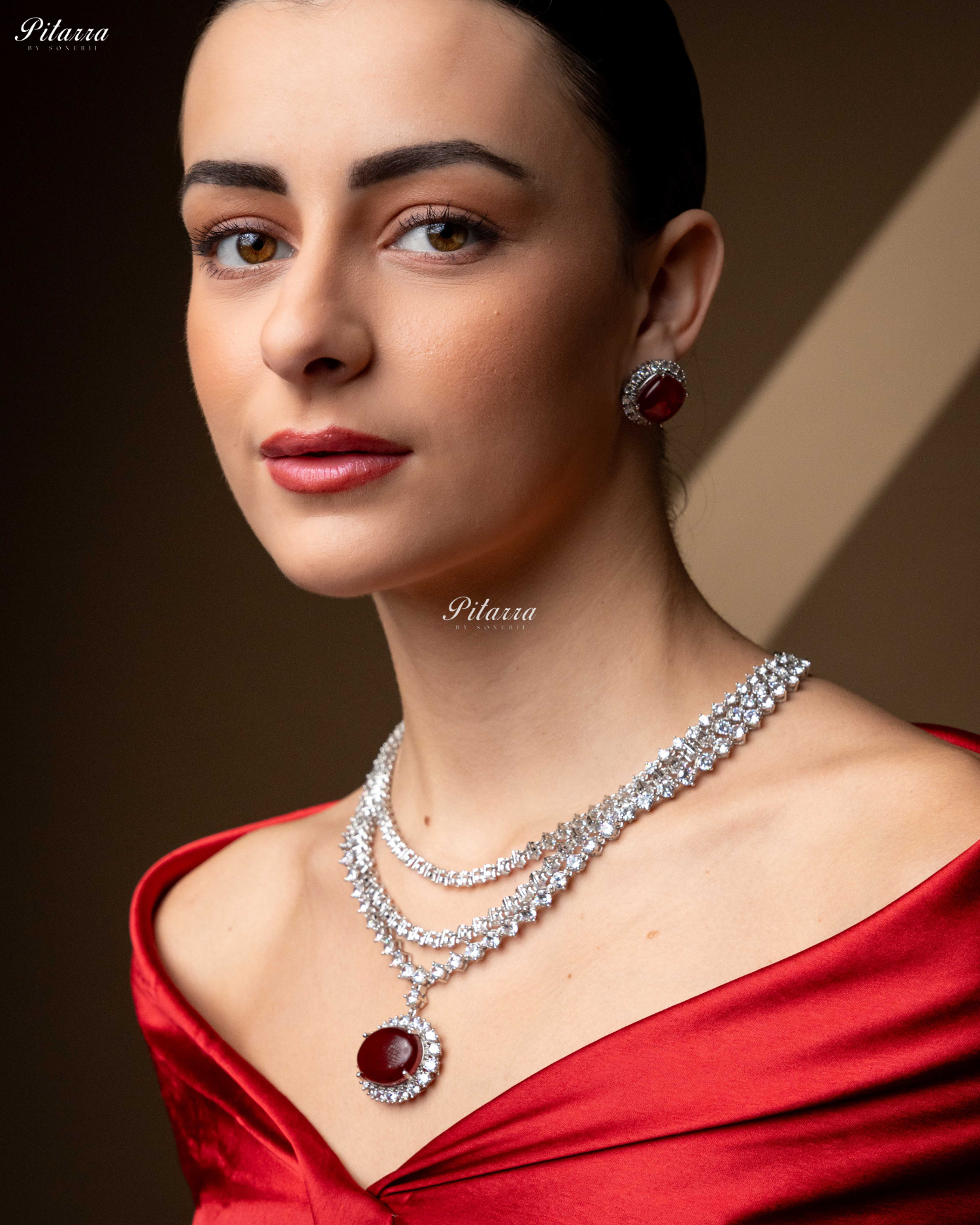 Ruby Red Stone Cubic Zirconia Silver Necklace Set