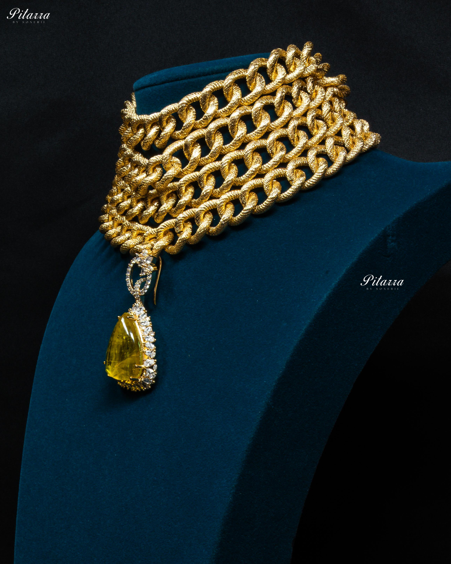 Golden Multilayered Yellow Stone Statement Pendant Chain Choker
