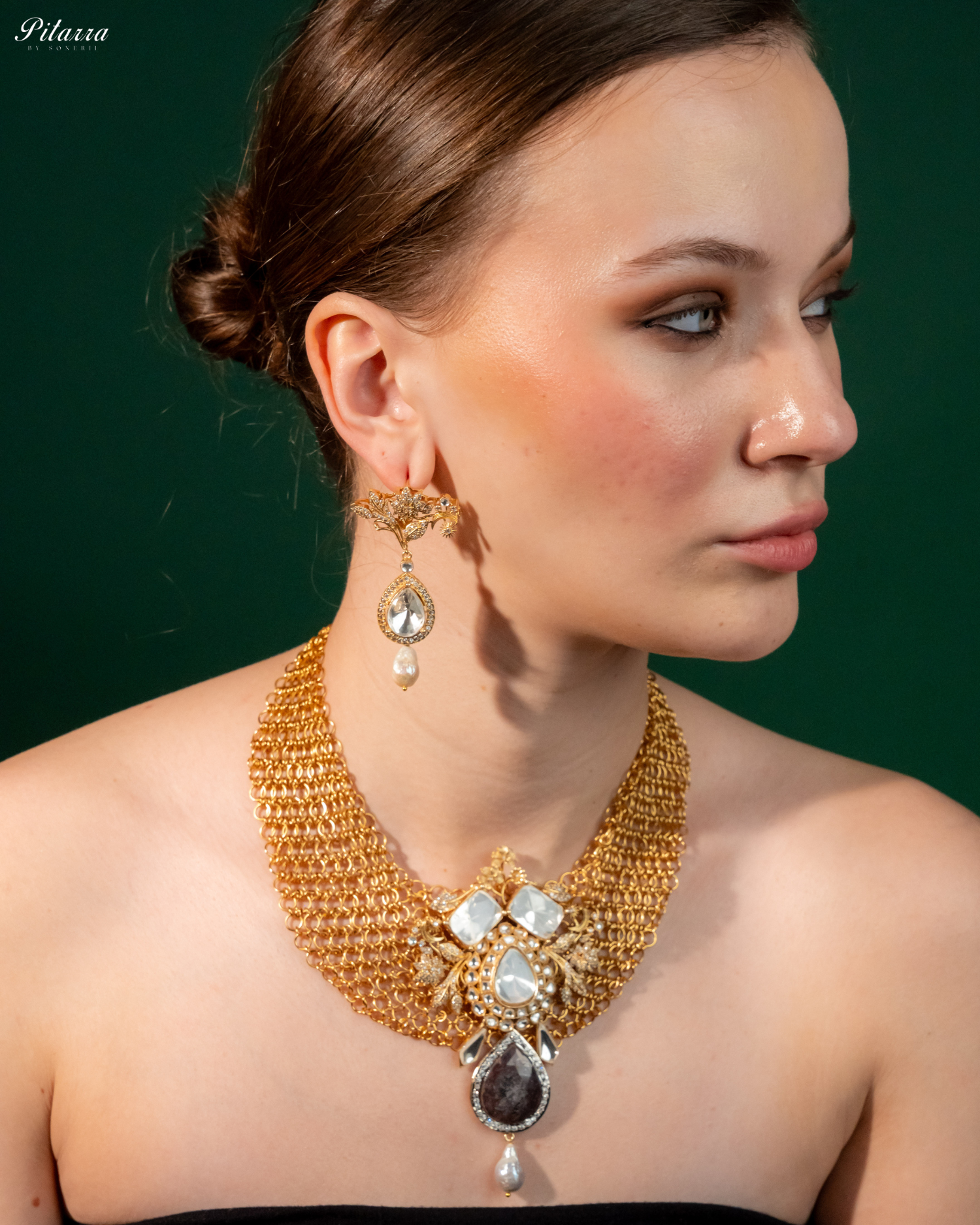 Antique Finish Brown Crystal Stone Kundan Set_Side Angle