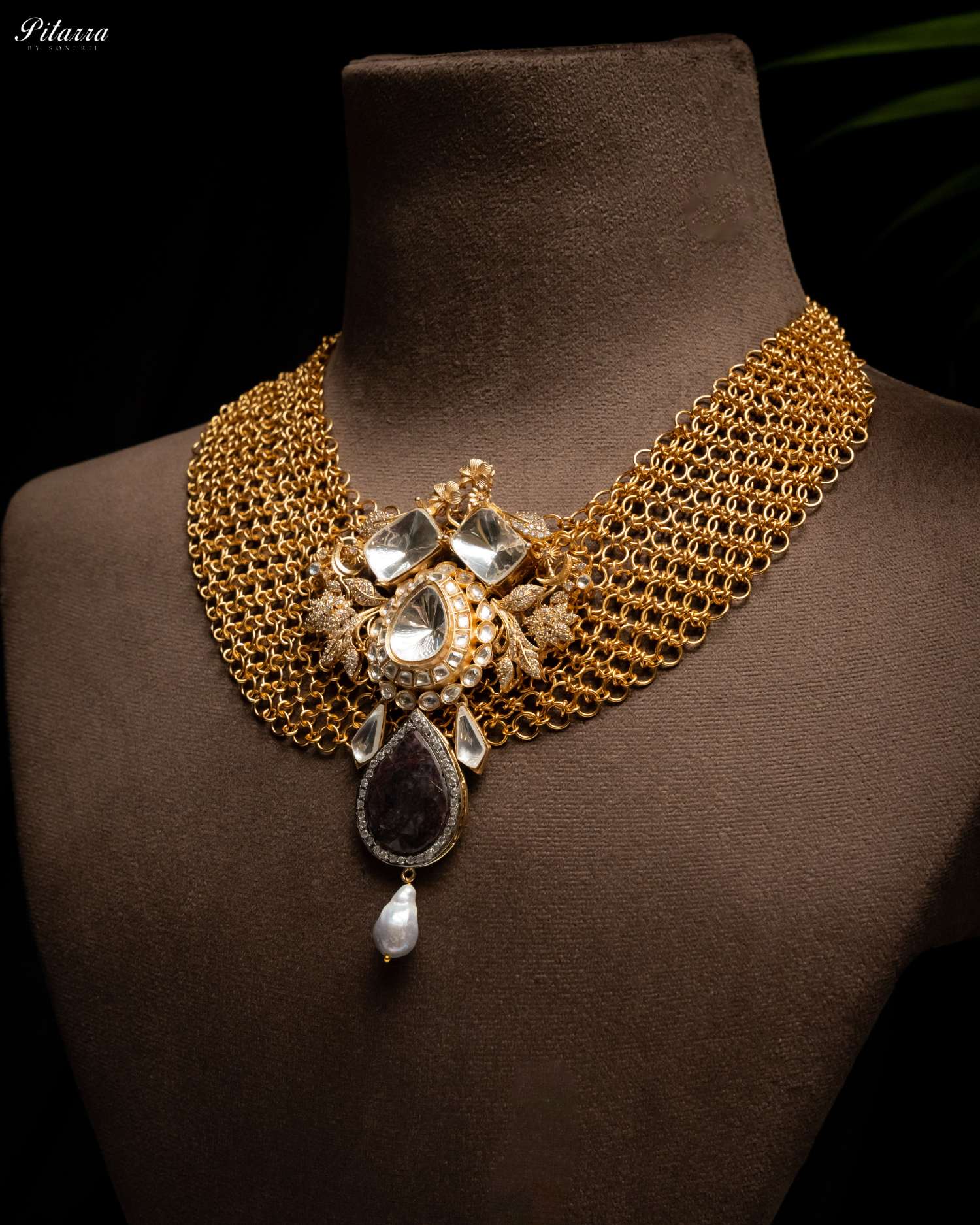 Antique Finish Brown Crystal Stone Kundan Set_Side Necklace