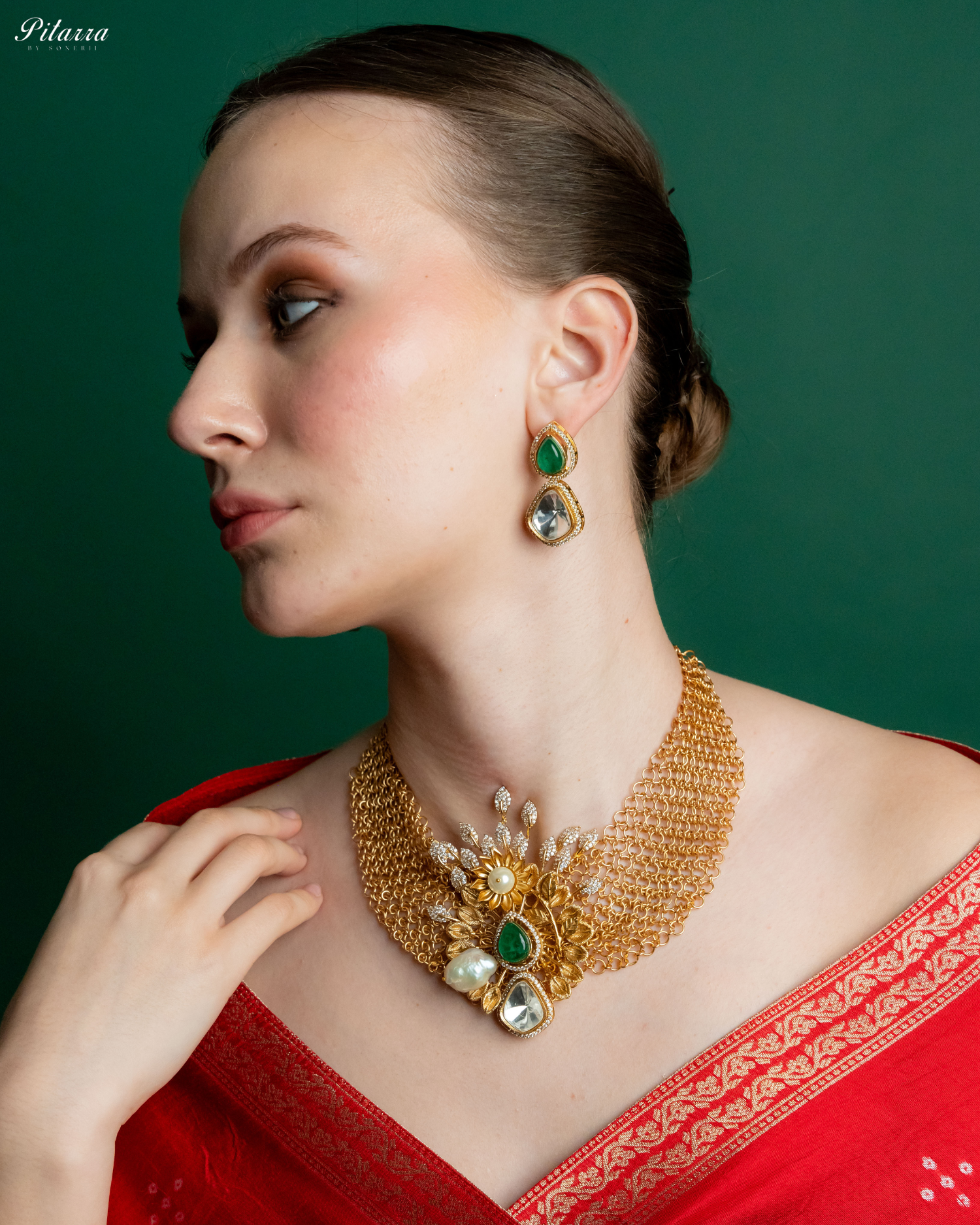 Antique Finish Golden Leaf Stone Kundan Set_Side Pose