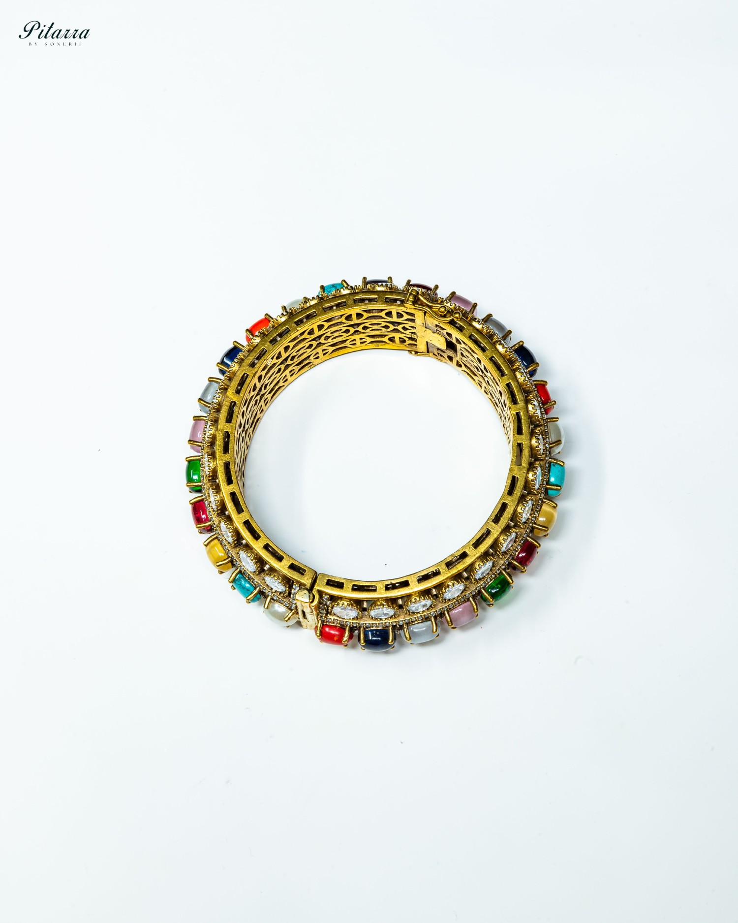 Antique Multi Color Stones Kundan Bangle_Side Angle