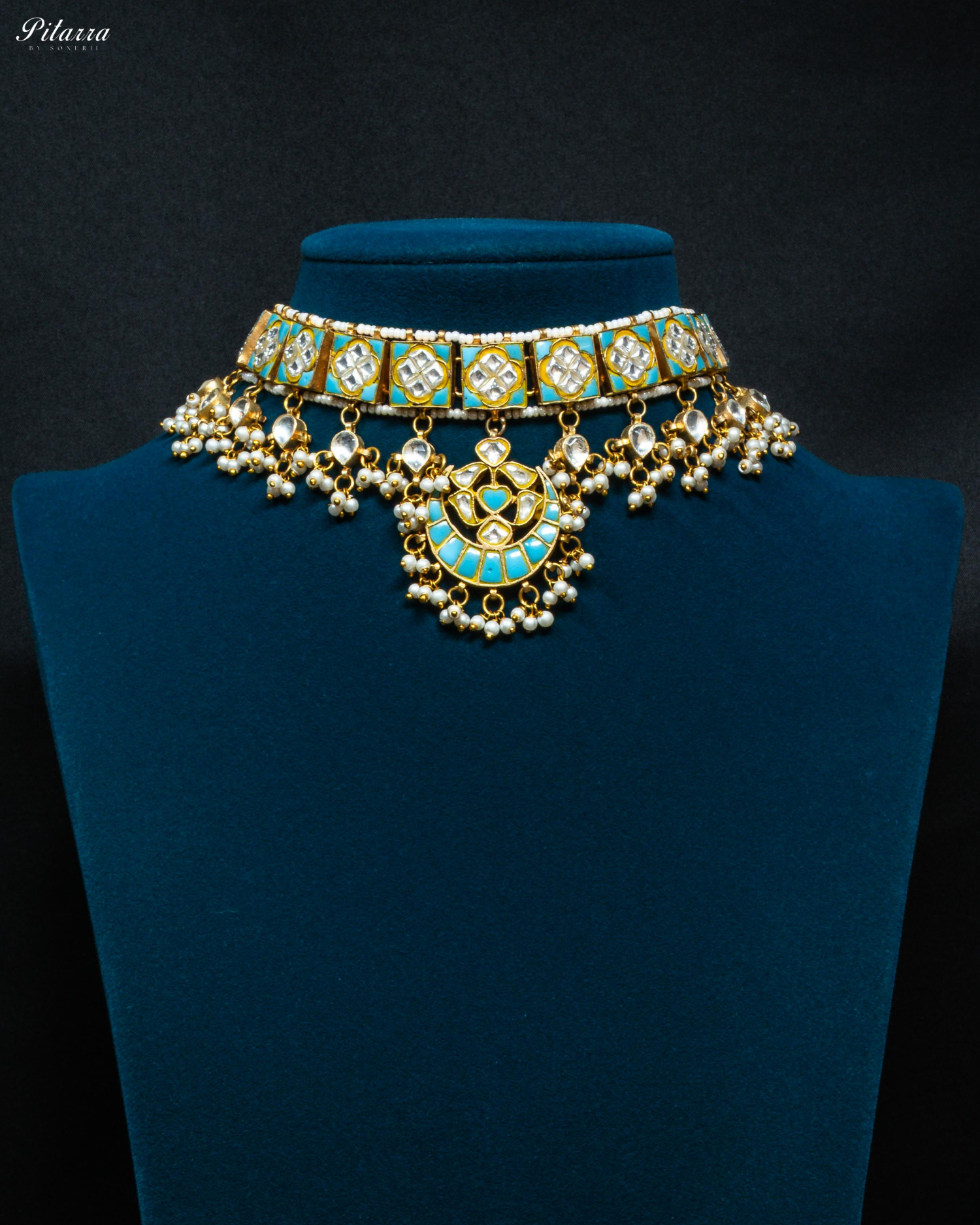 Bahurani Turquoise Kundan Pearls Necklace Set_Front Image