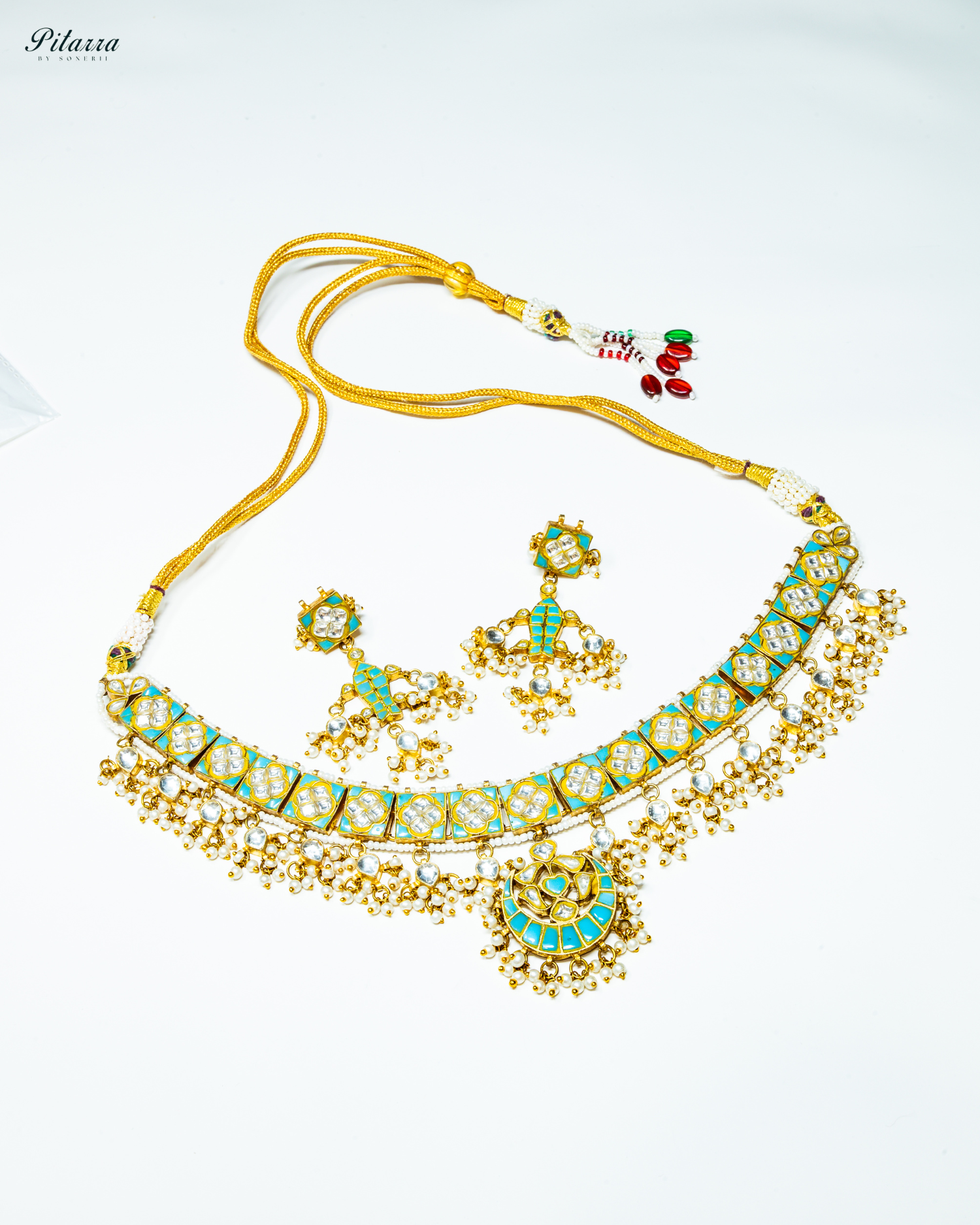 Bahurani Turquoise Kundan Pearls Necklace Set_White Background