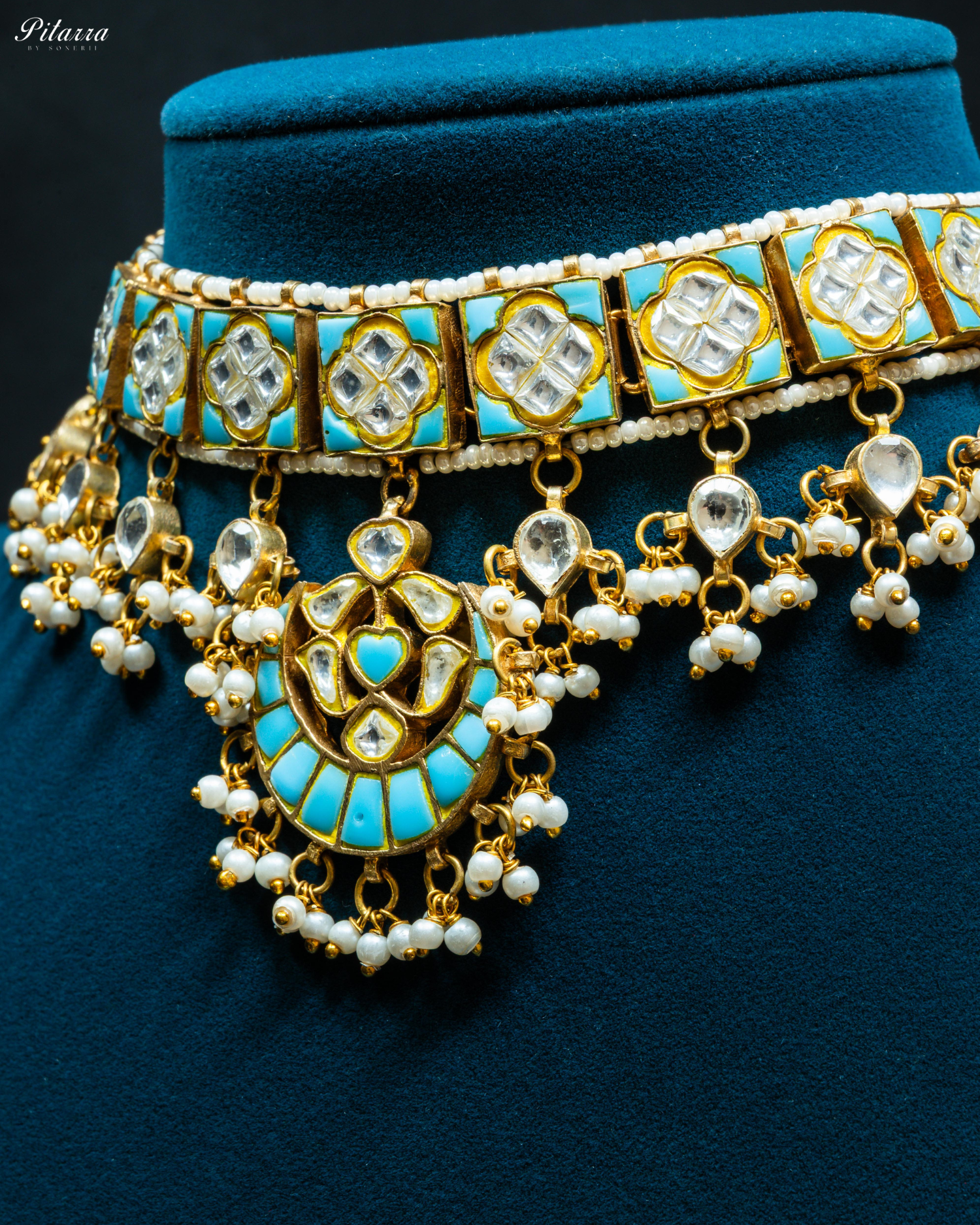 Bahurani Turquoise Kundan Pearls Necklace Set_Zoom Angle