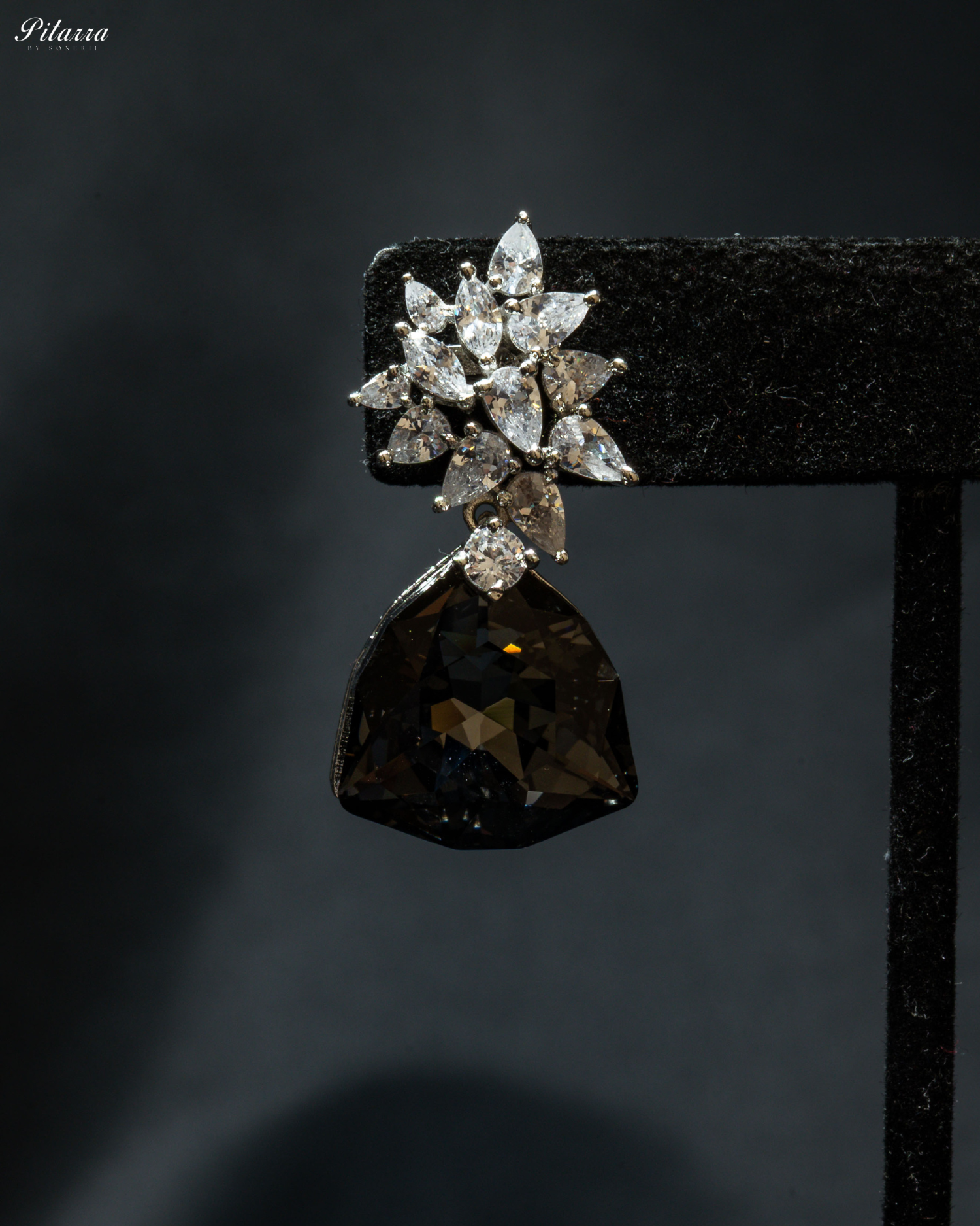 Black Stone Silver Floral CZ Stud Earrings_Zoom Angle