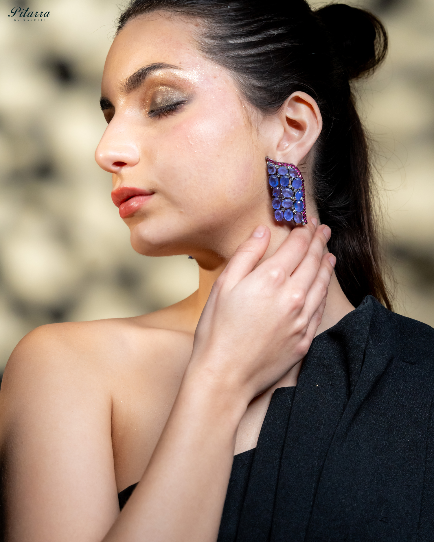 Blue Crystal CZ Stud Earrings_Left Angle