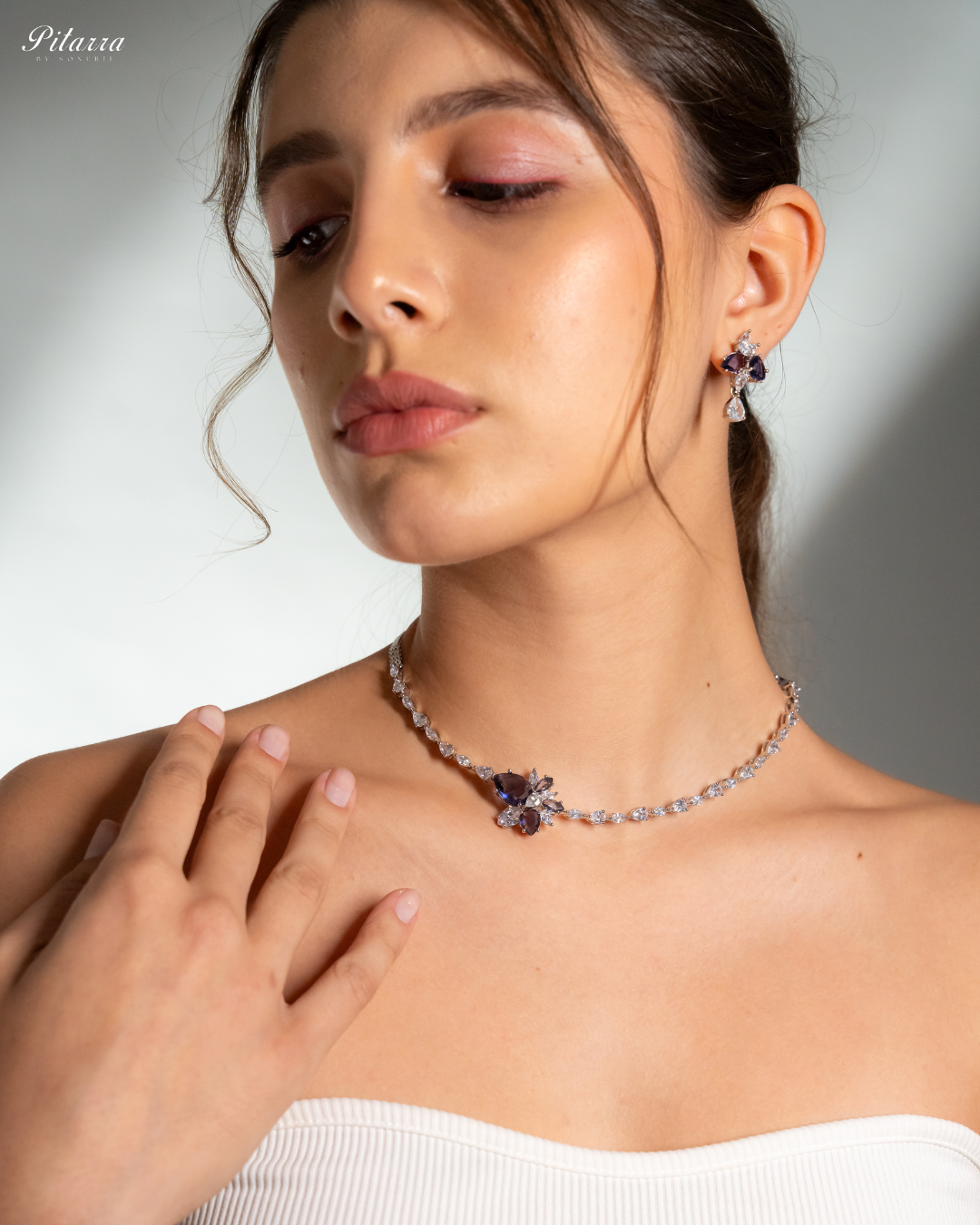 Blue Silver Plated CZ Necklace Set_Side Pose