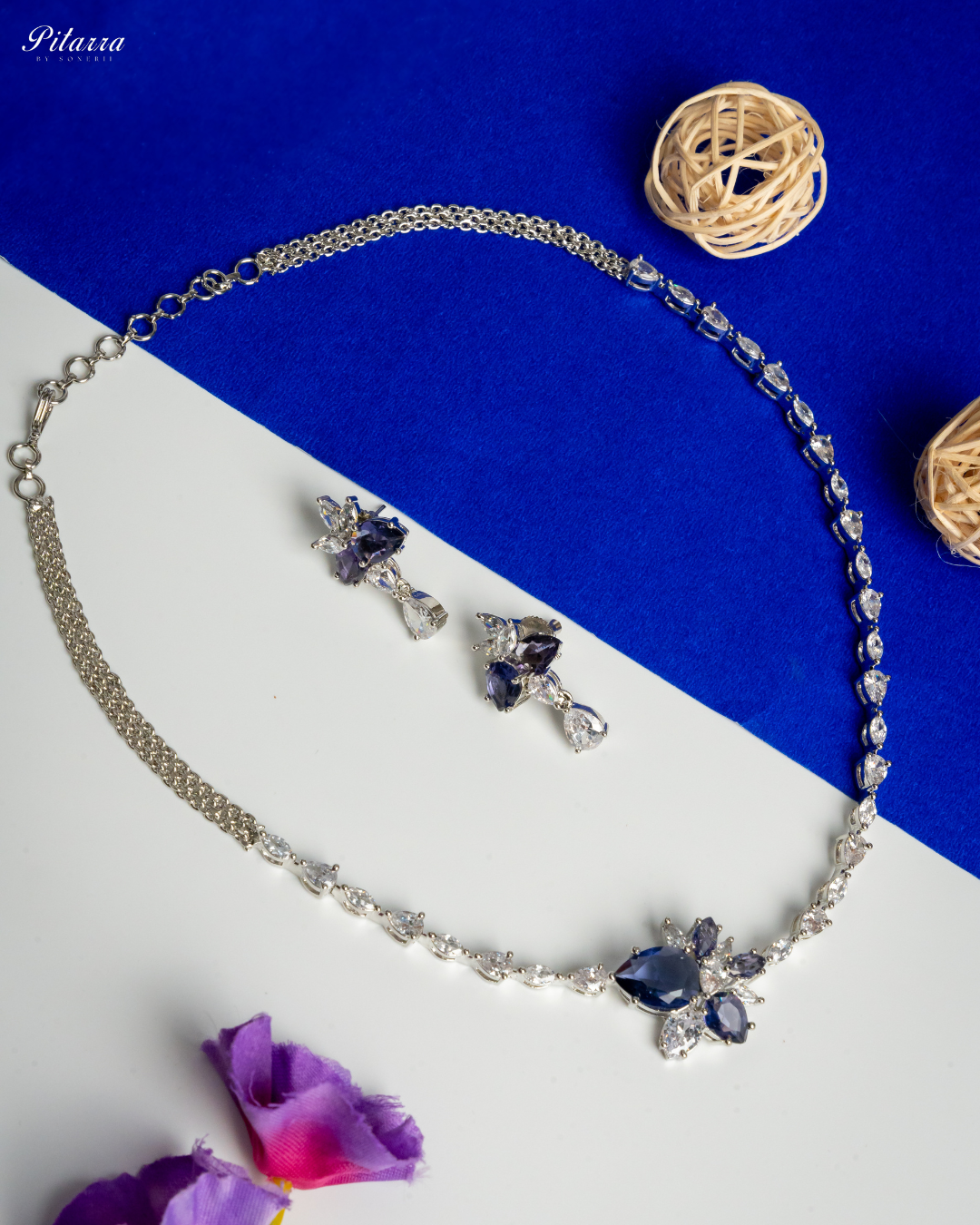 Blue Silver Plated CZ Necklace Set_White Background