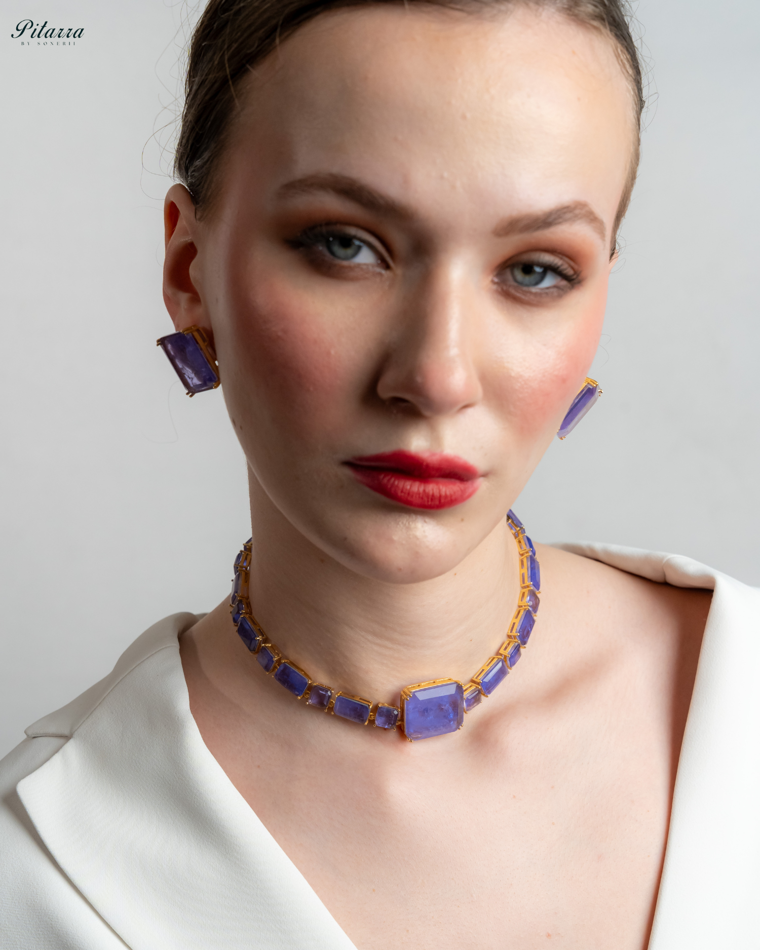 Blue Square Cubic Zirconia Necklace Set_Front Angle