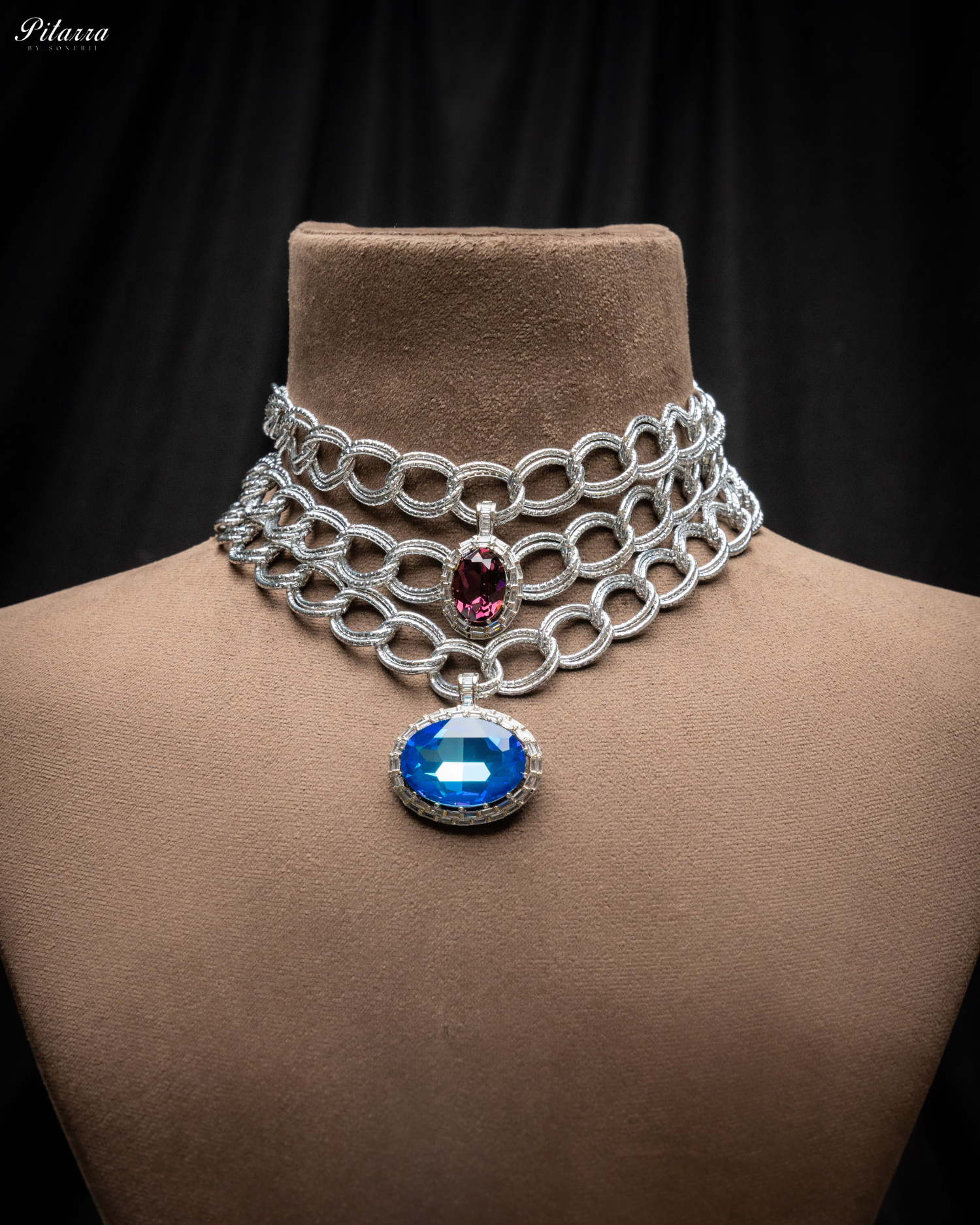 Blue Statement Pendant Silver Chain Choker_Necklace