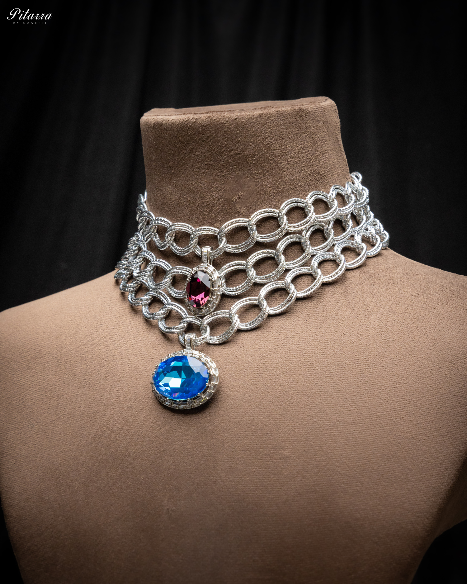 Blue Statement Pendant Silver Chain Choker_Side