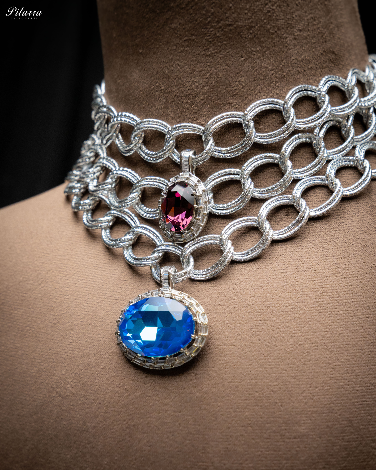 Blue Statement Pendant Silver Chain Choker_Zoom Angle