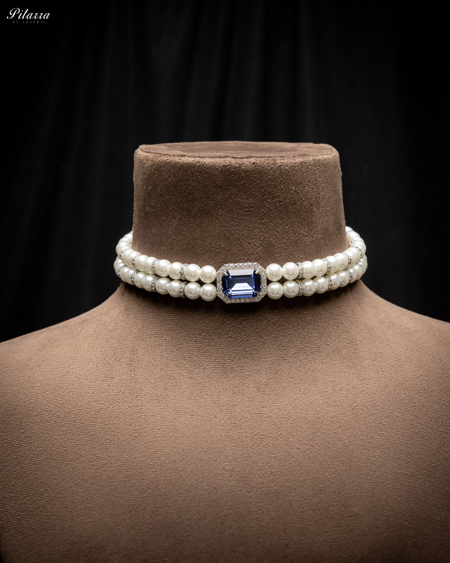 Blue Stone Two Layer Pearl Choker_Front Necklace