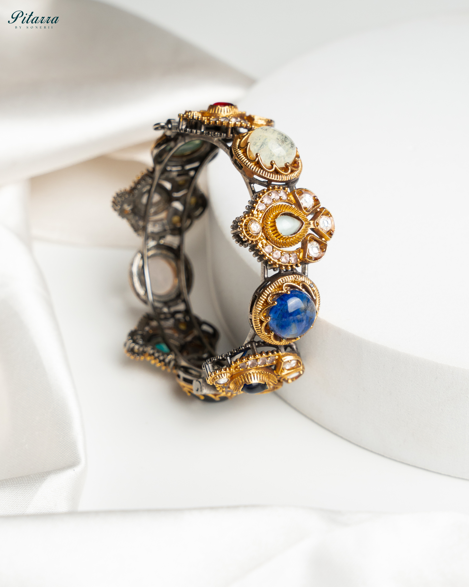 Blue Victorian Fusion Bangle Luxury Fusion Jewelry Stand Shoot