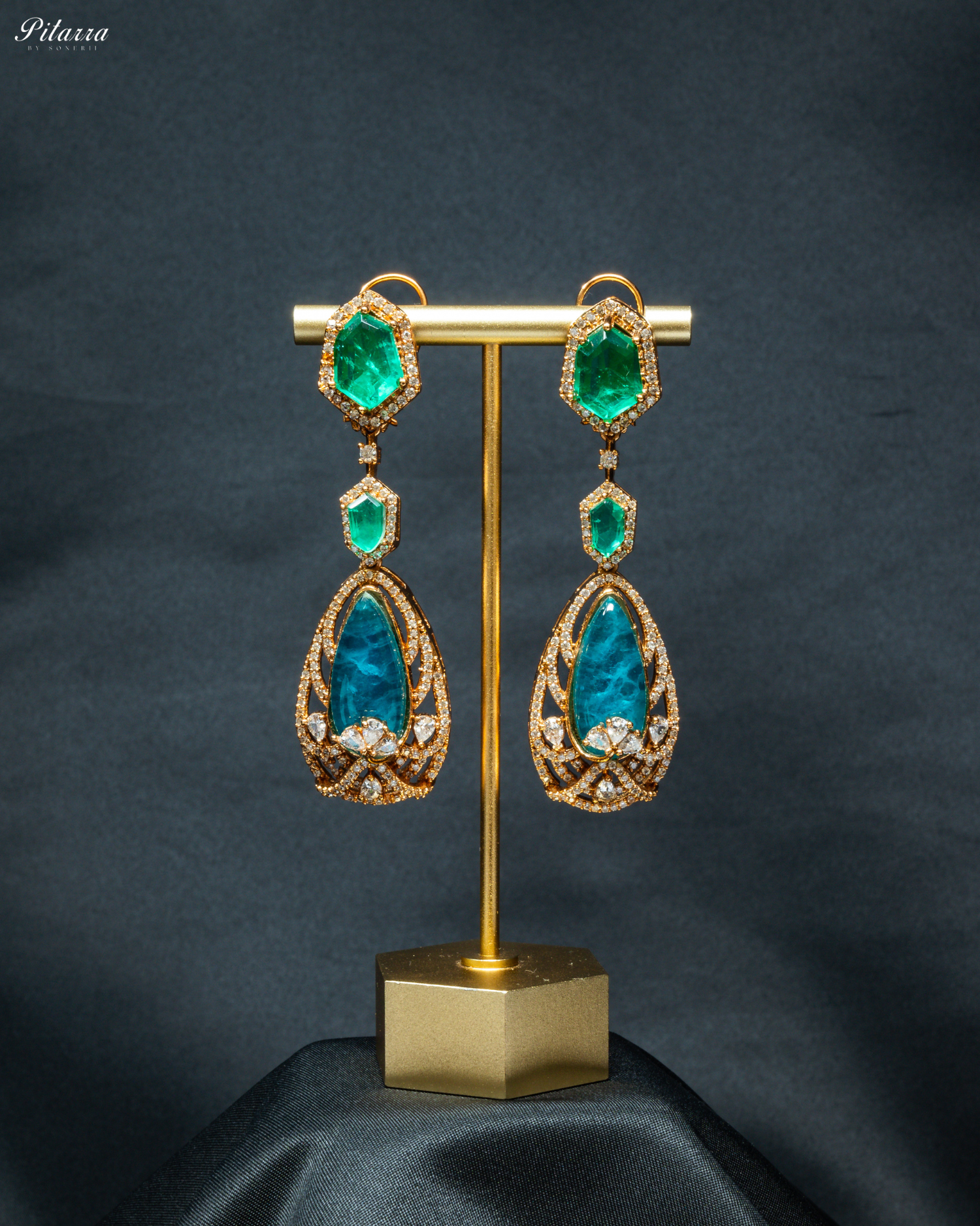 Blue and Green Doublet Stone with CZ Necklace Set_Earrings Image