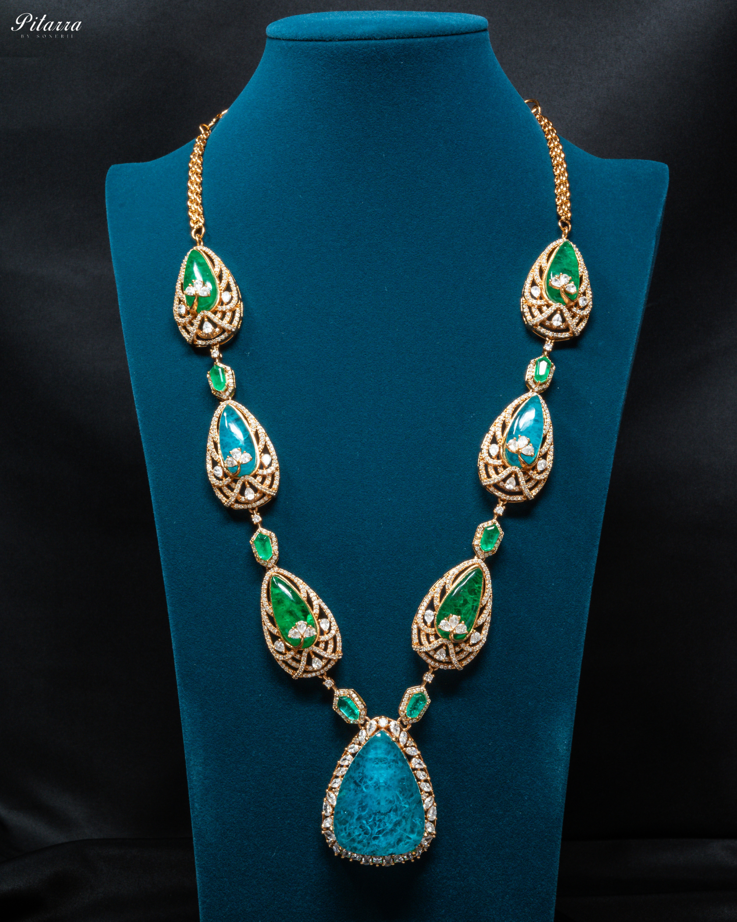 Blue and Green Doublet Stone with CZ Necklace Set_Front Angle