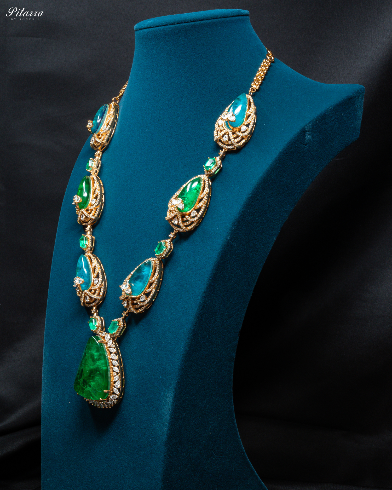Blue and Green Doublet Stone with CZ Necklace Set_Side Angle