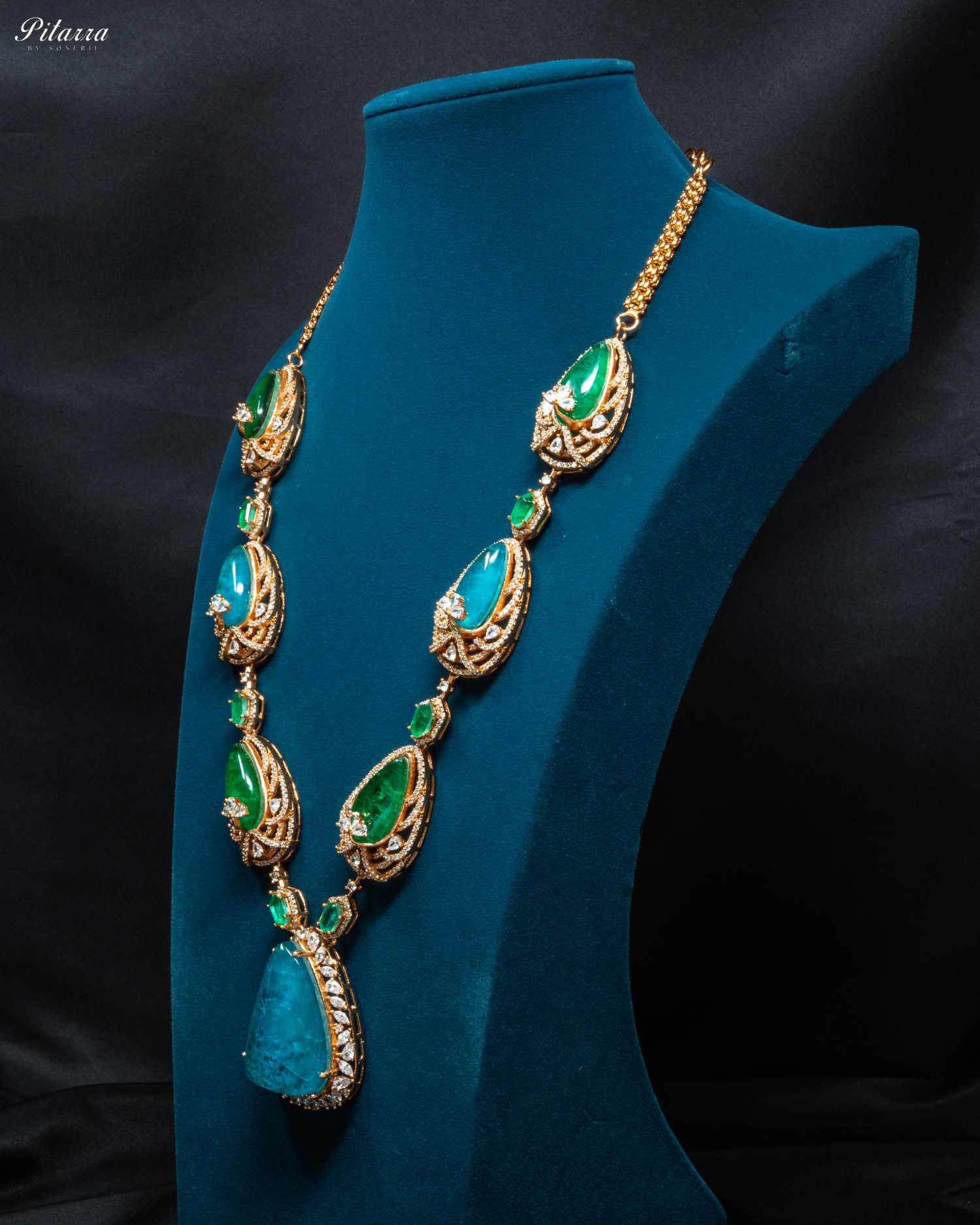 Blue and Green Doublet Stone with CZ Necklace Set_Side Image