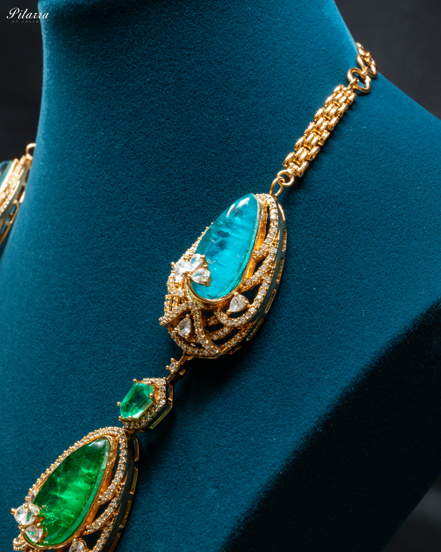 Blue and Green Doublet Stone with CZ Necklace Set_Zoom Angle