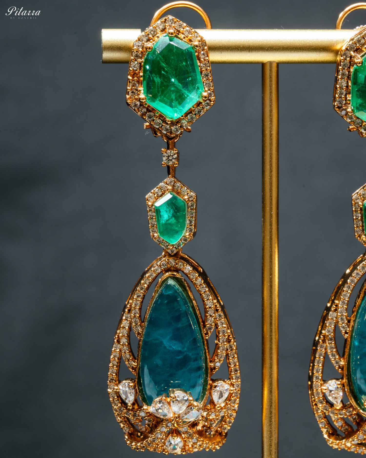 Blue and Green Doublet Stone with CZ Necklace Set_Zoom Earrings Image