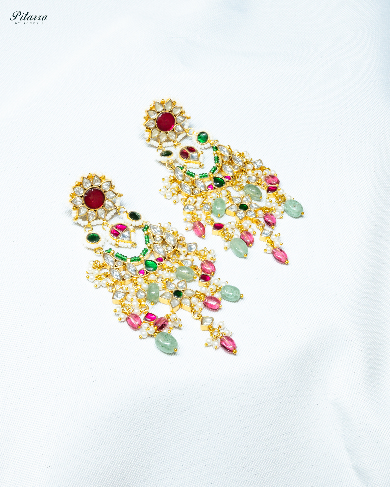 Classic Red and White Kundan Chandbali Earrings_White Background