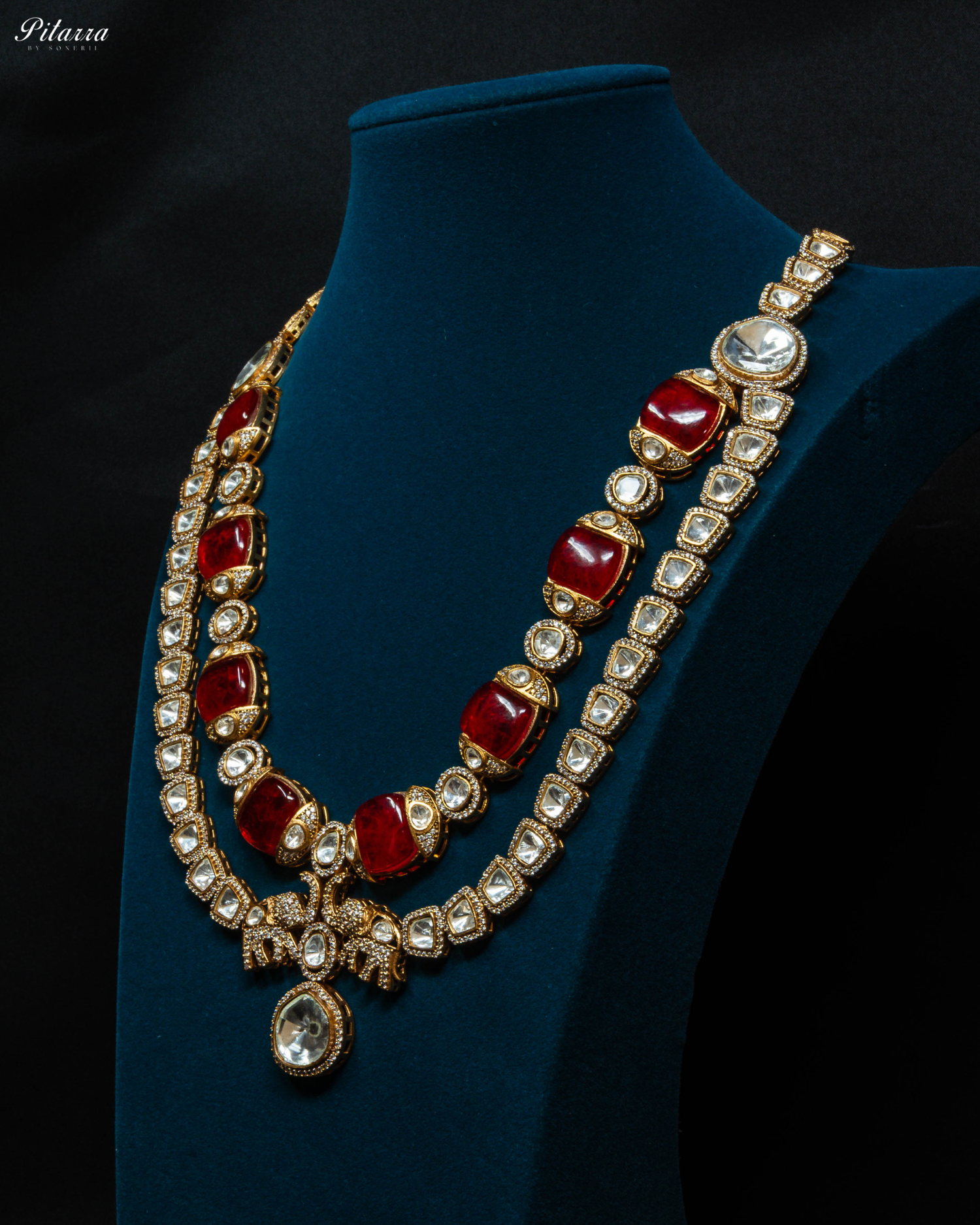 Double Layer Red Long Kundan Necklace Set_Side Angle