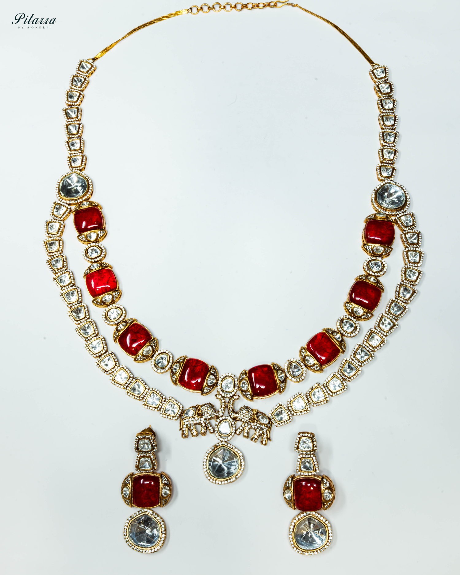 Double Layer Red Long Kundan Necklace Set_White Background