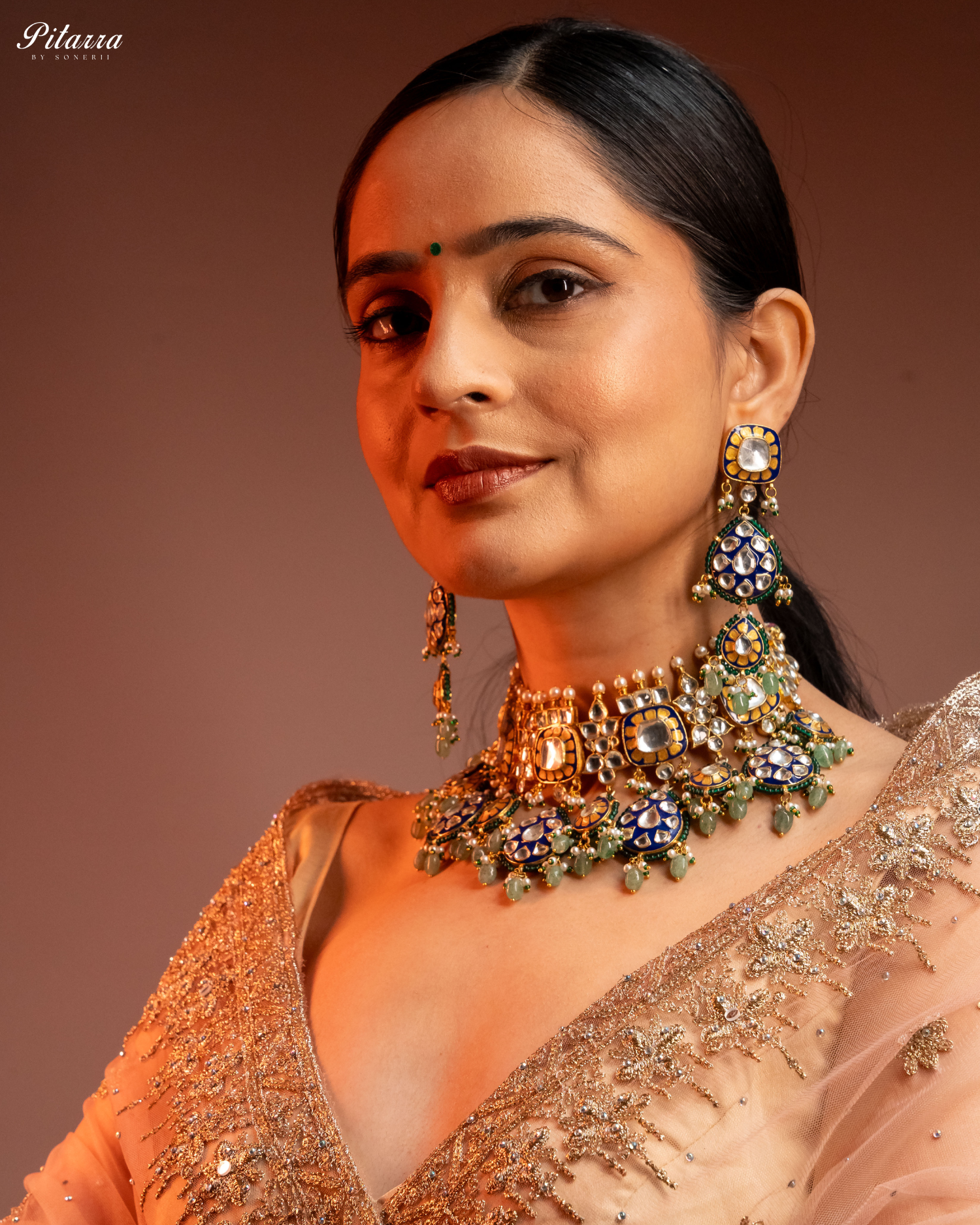 Elegant Gold Jadau Traditional Kundan Necklace Set Model Shoot Front