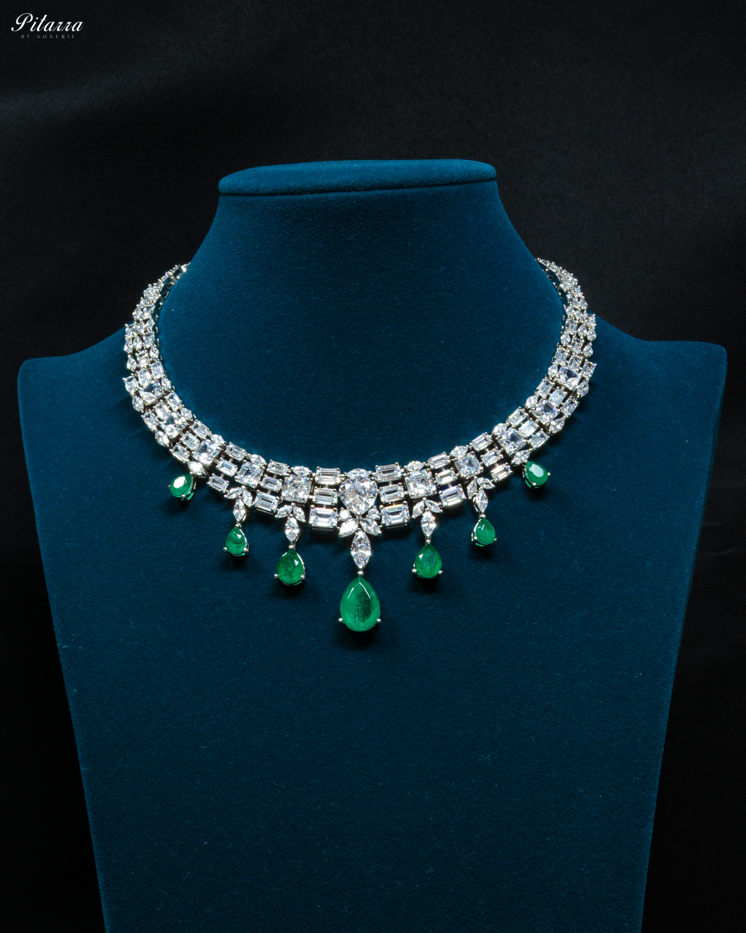 Emerald Drop Cubic Zirconia Studded Necklace Set_Front Image