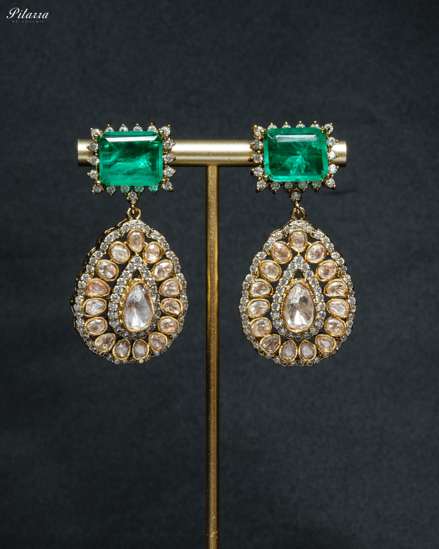 Emerald Green Doublet with Premium Moissanite Haram Necklace Set_Earrings