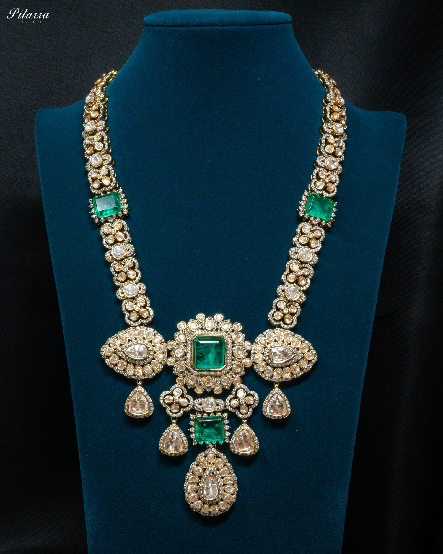 Emerald Green Doublet with Premium Moissanite Haram Necklace Set_Front Image