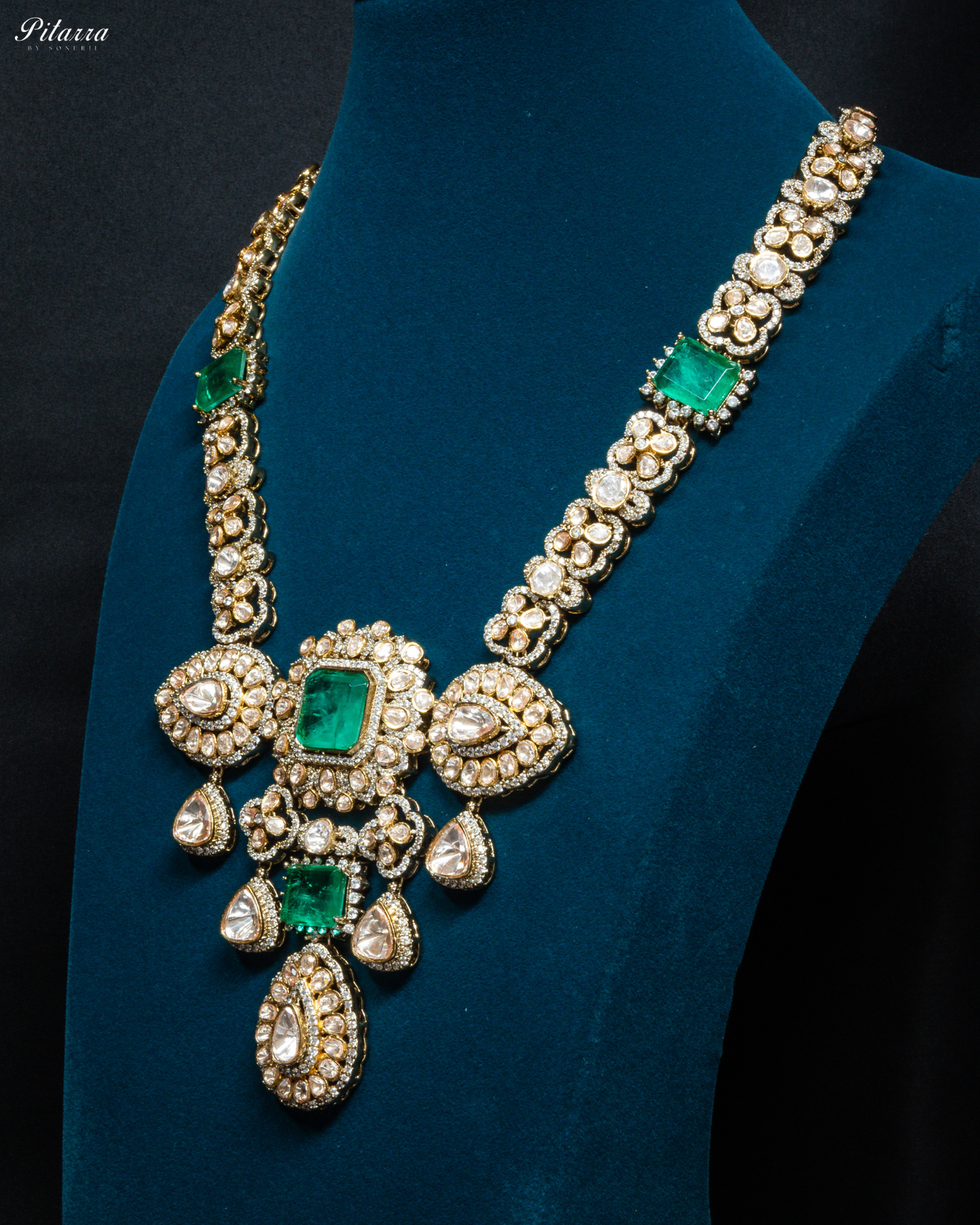 Emerald Green Doublet with Premium Moissanite Haram Necklace Set_Side Angle