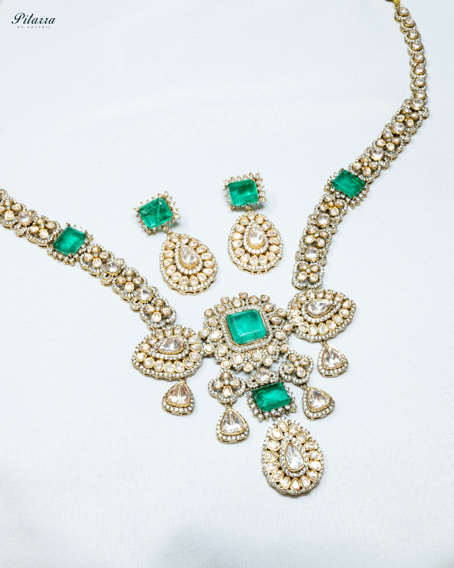 Emerald Green Doublet with Premium Moissanite Haram Necklace Set_White Background