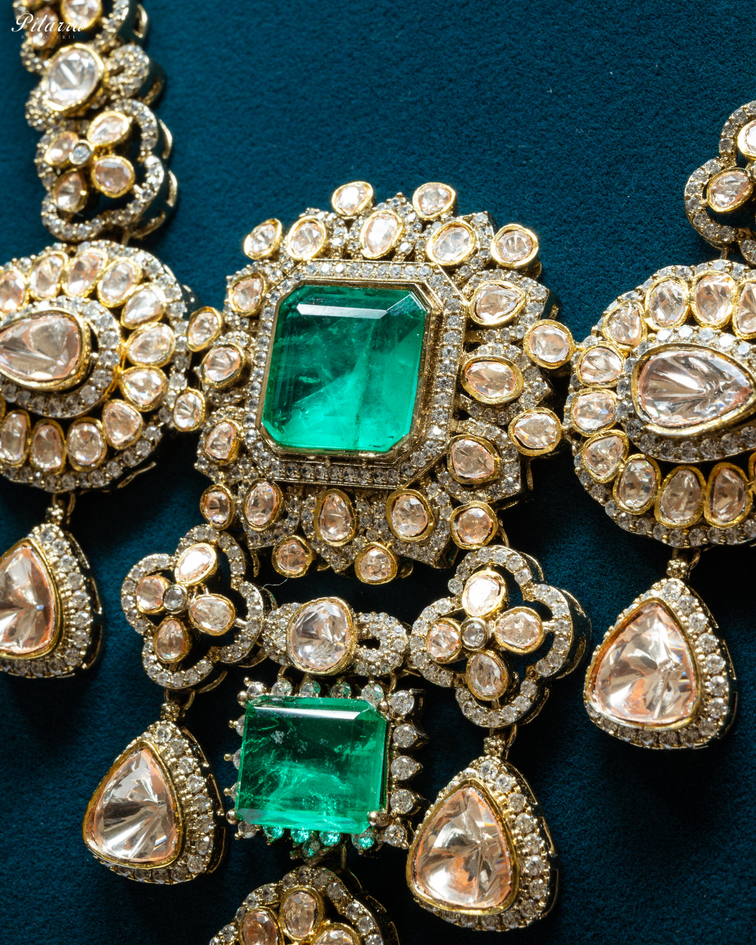 Emerald Green Doublet with Premium Moissanite Haram Necklace Set_Zoom Angle
