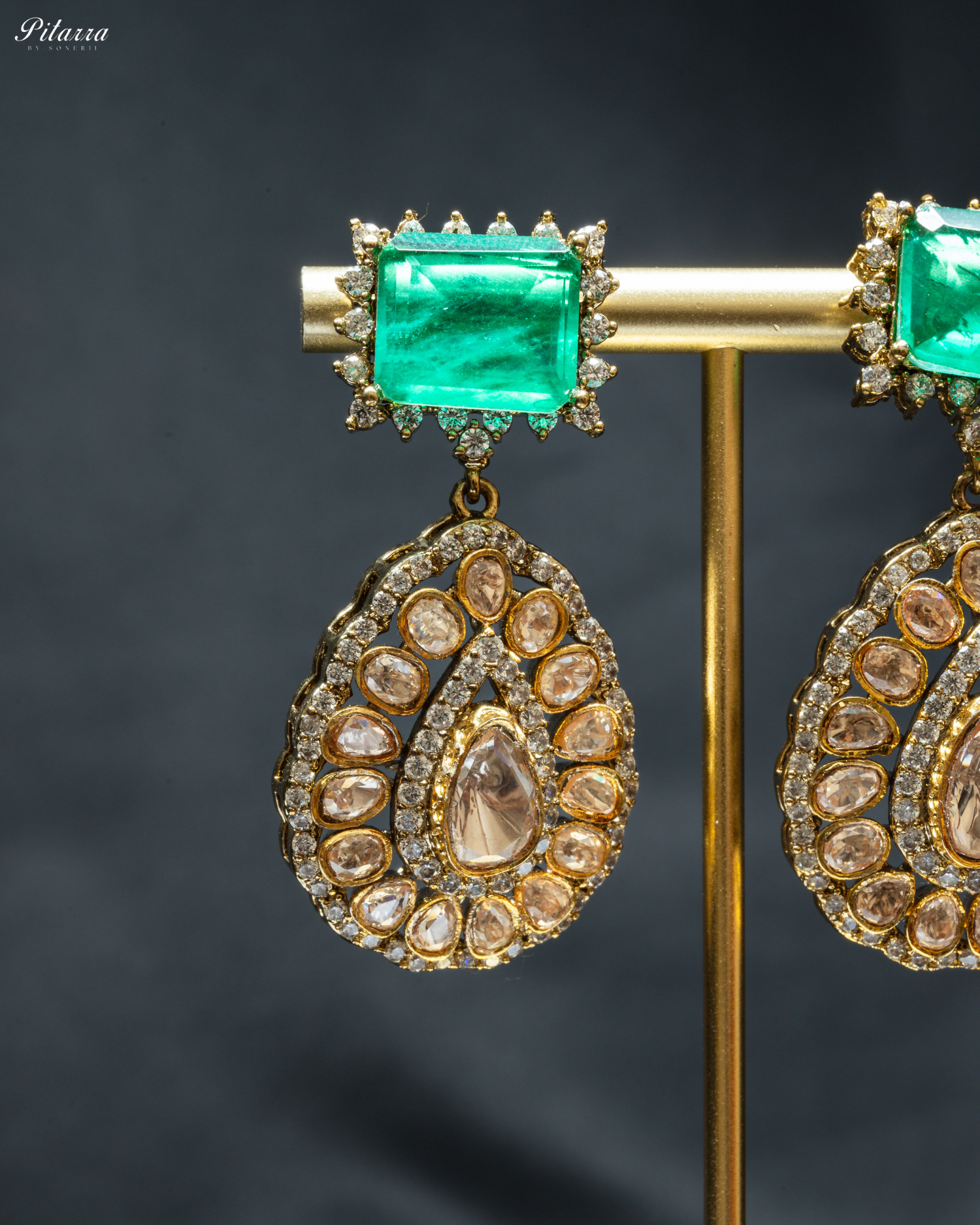 Emerald Green Doublet with Premium Moissanite Haram Necklace Set_Zoom Earrings